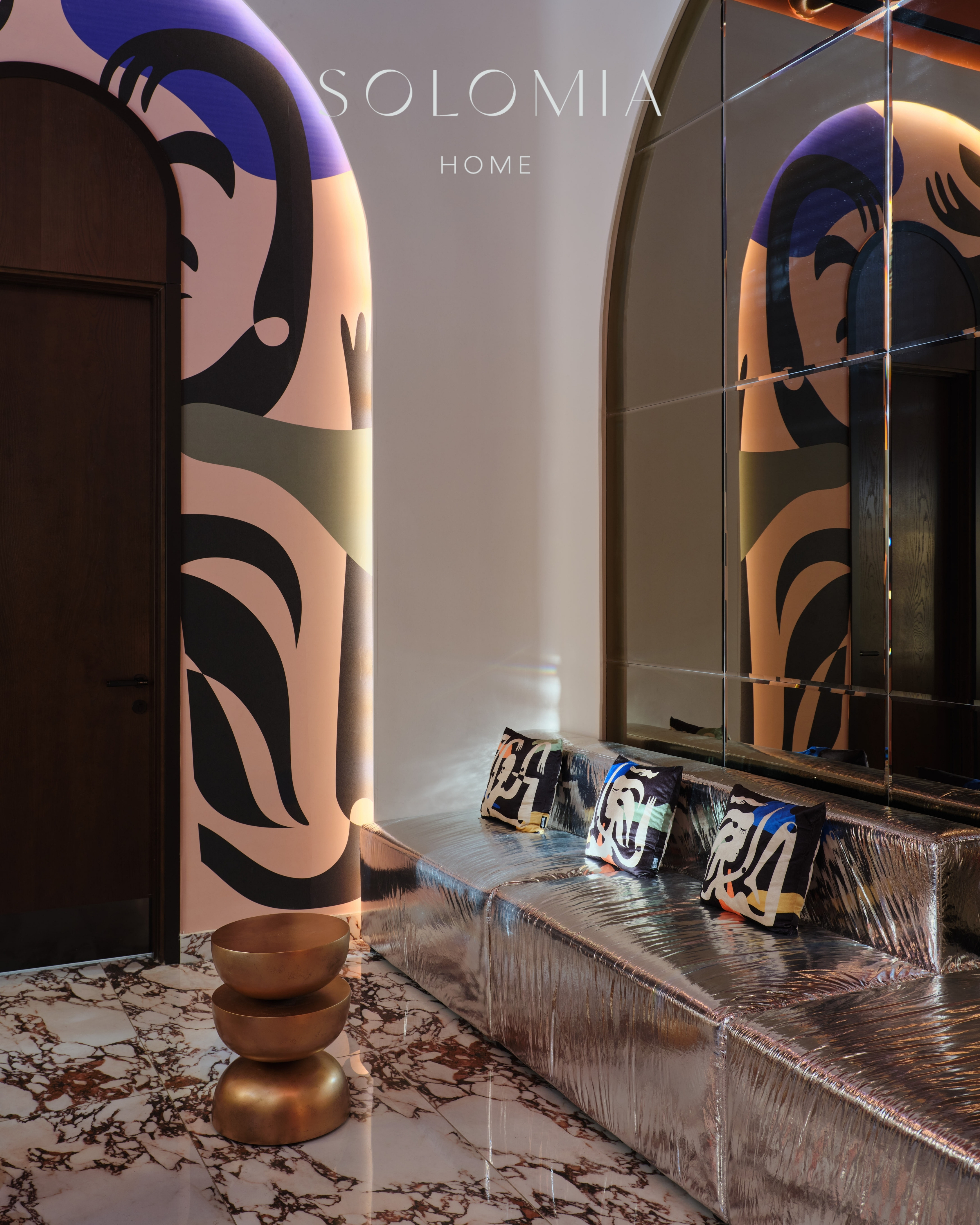 Restroom with mural and brass stool, Restaurant Dio Grand Cafe — restaurant interior design Astana