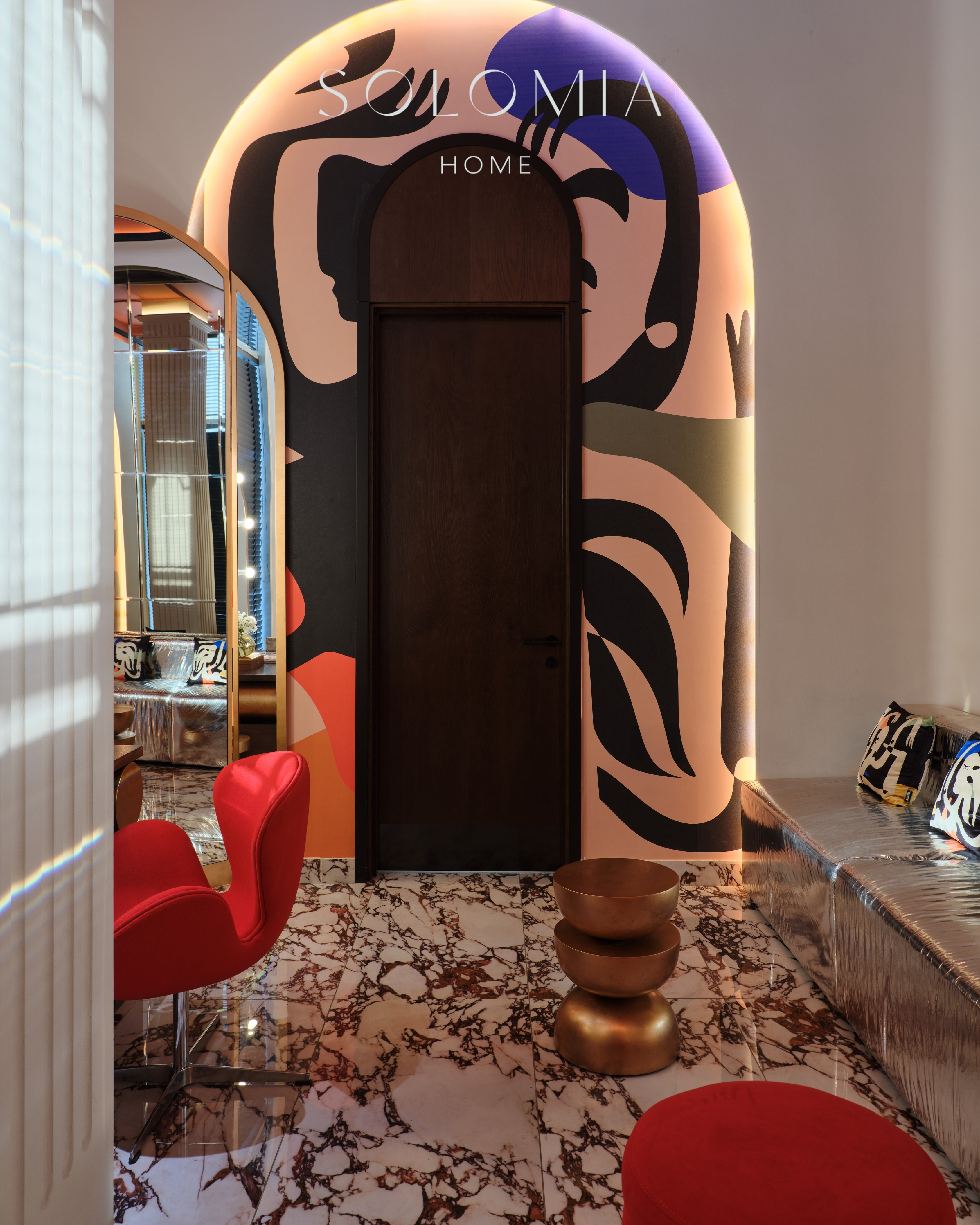 Restroom with mural and red chair, Restaurant Dio Grand Cafe — restaurant interior design Astana