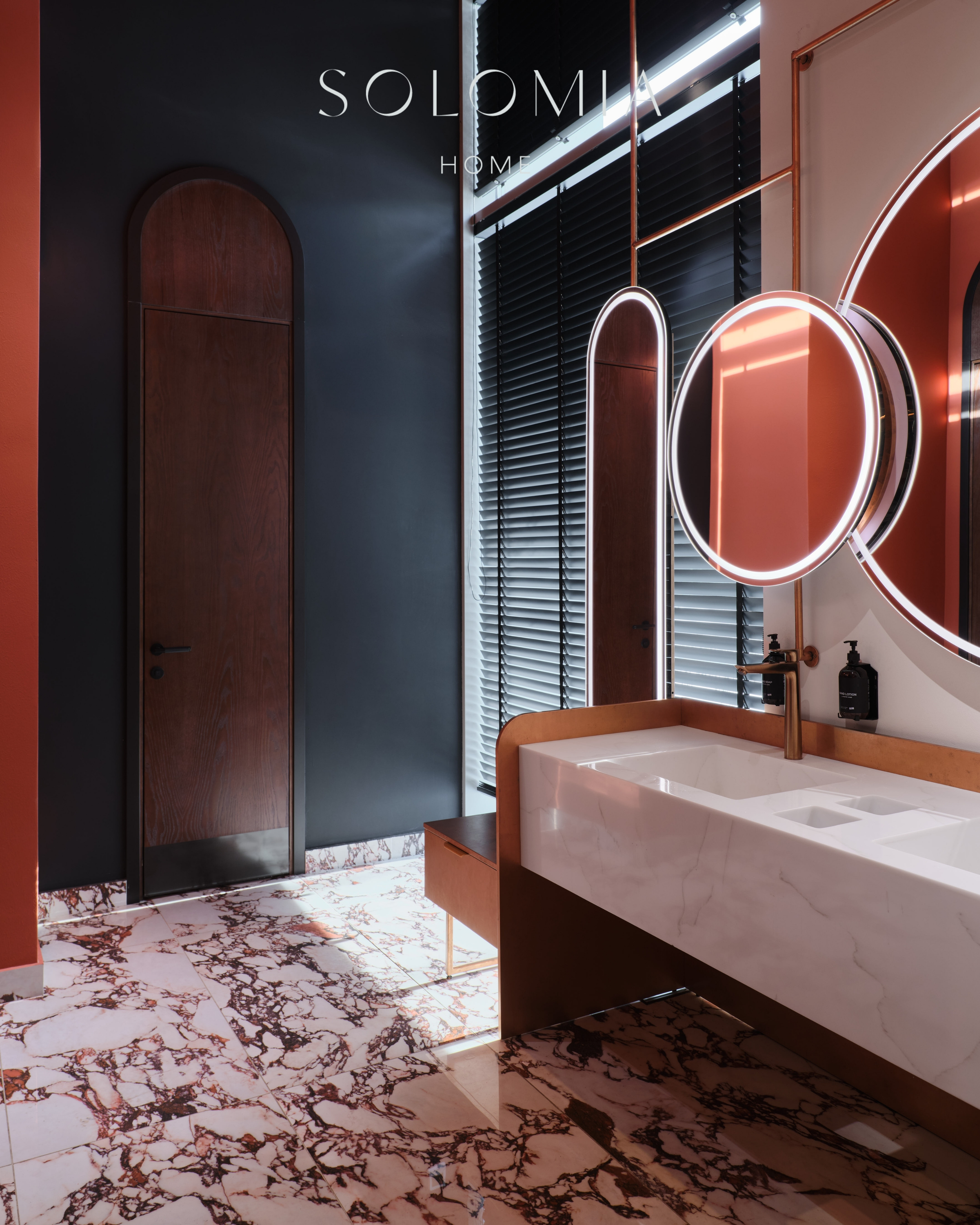 Restroom vanity with red marble floor, Restaurant Dio Grand Cafe — restaurant interior design Astana