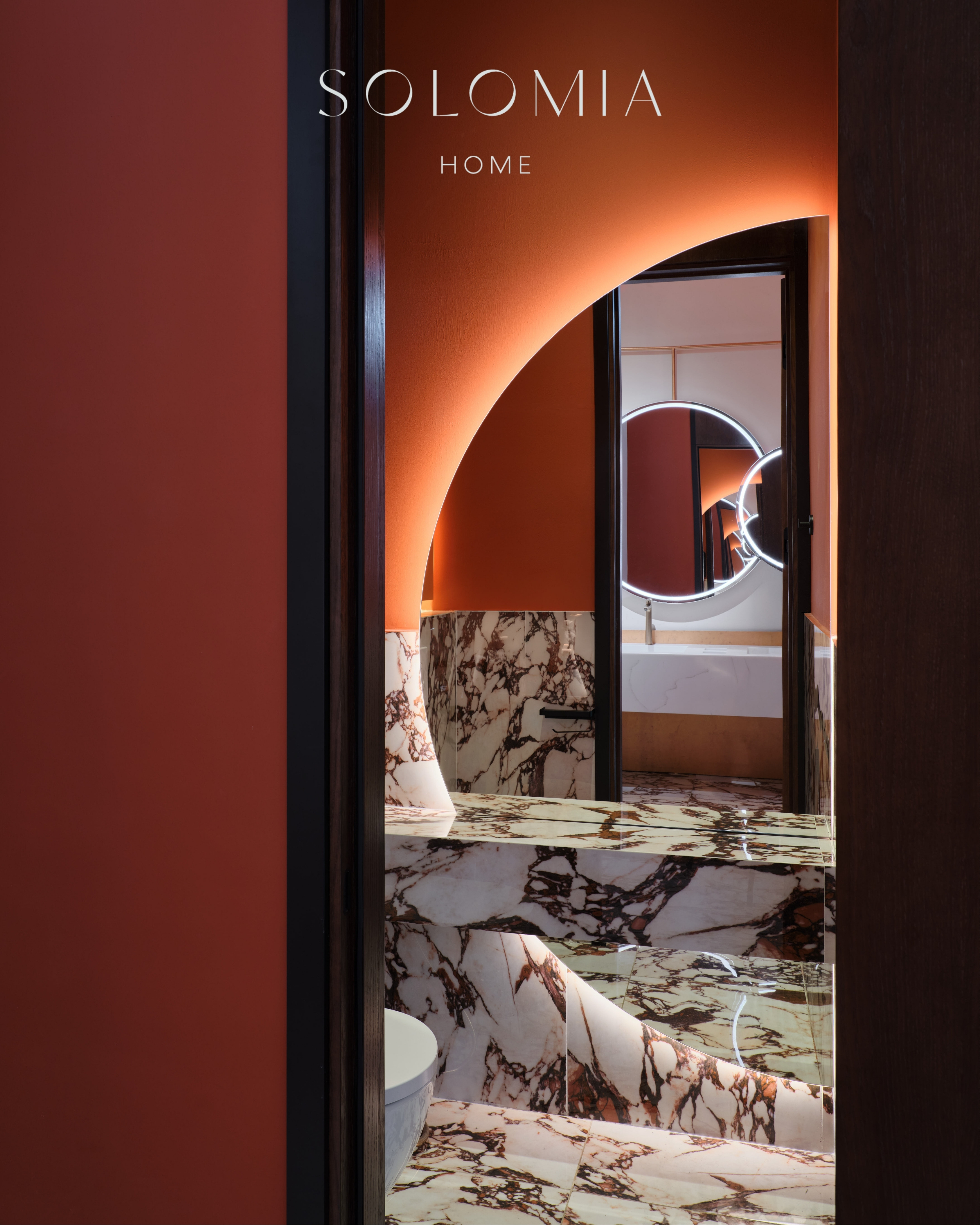 Toilet with red marble and arch mirror, Restaurant Dio Grand Cafe — restaurant interior design Astana