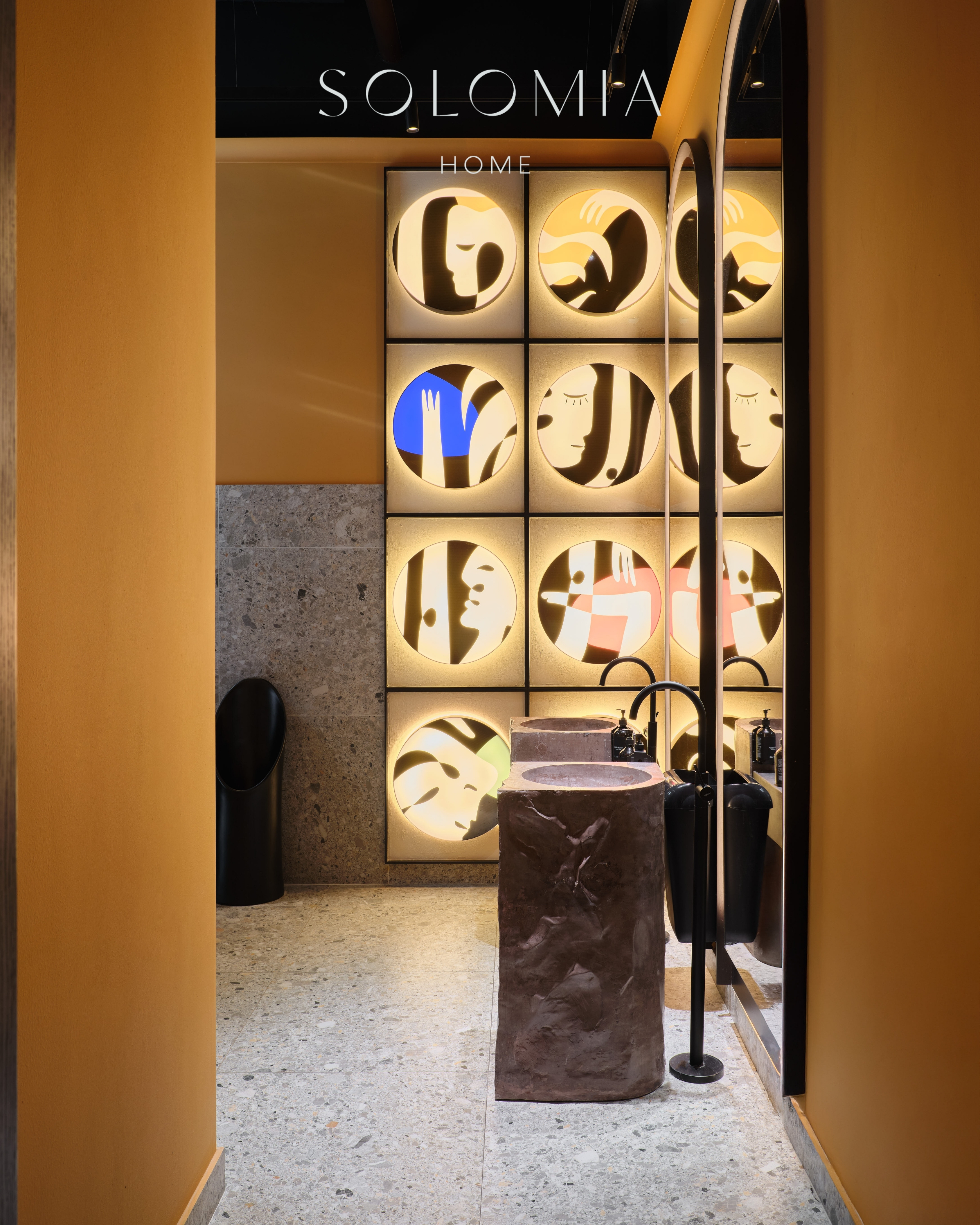 Washroom with illuminated face panels, Restaurant Dio Grand Cafe — restaurant interior design Astana