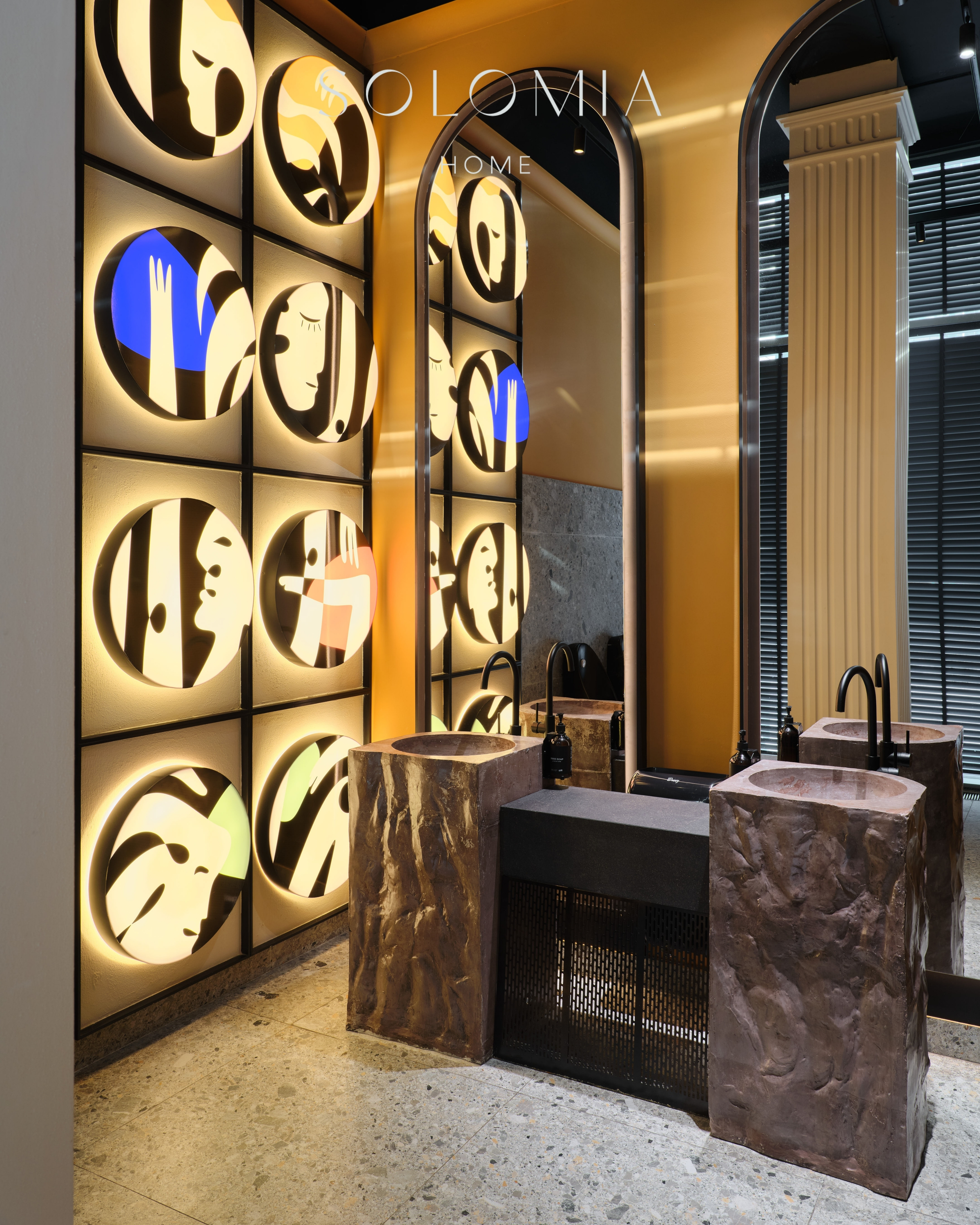 Stone washbasins with illuminated panels, Restaurant Dio Grand Cafe — restaurant interior design Astana