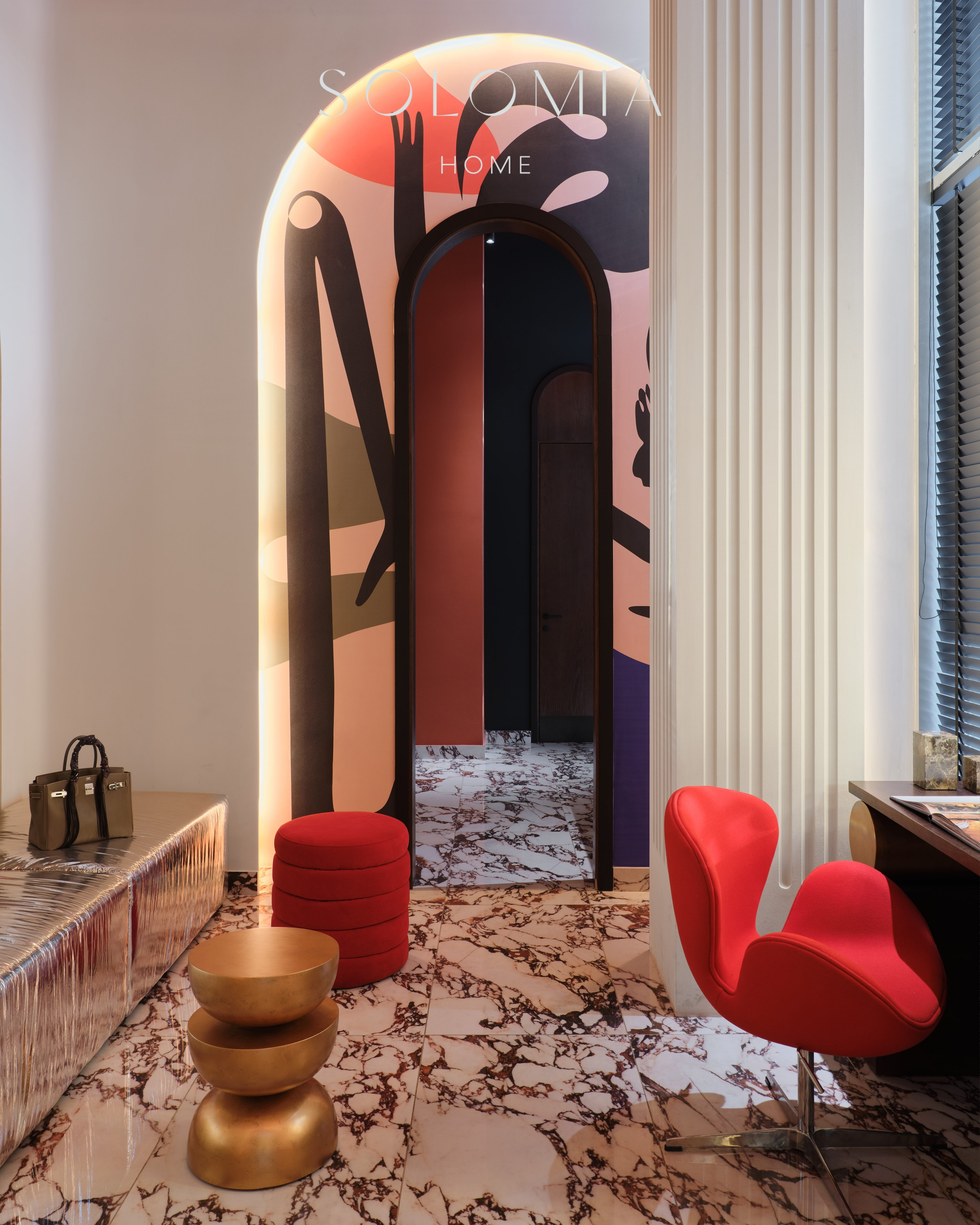 Powder room with red velvet chair, Restaurant Dio Grand Cafe — restaurant interior design Astana