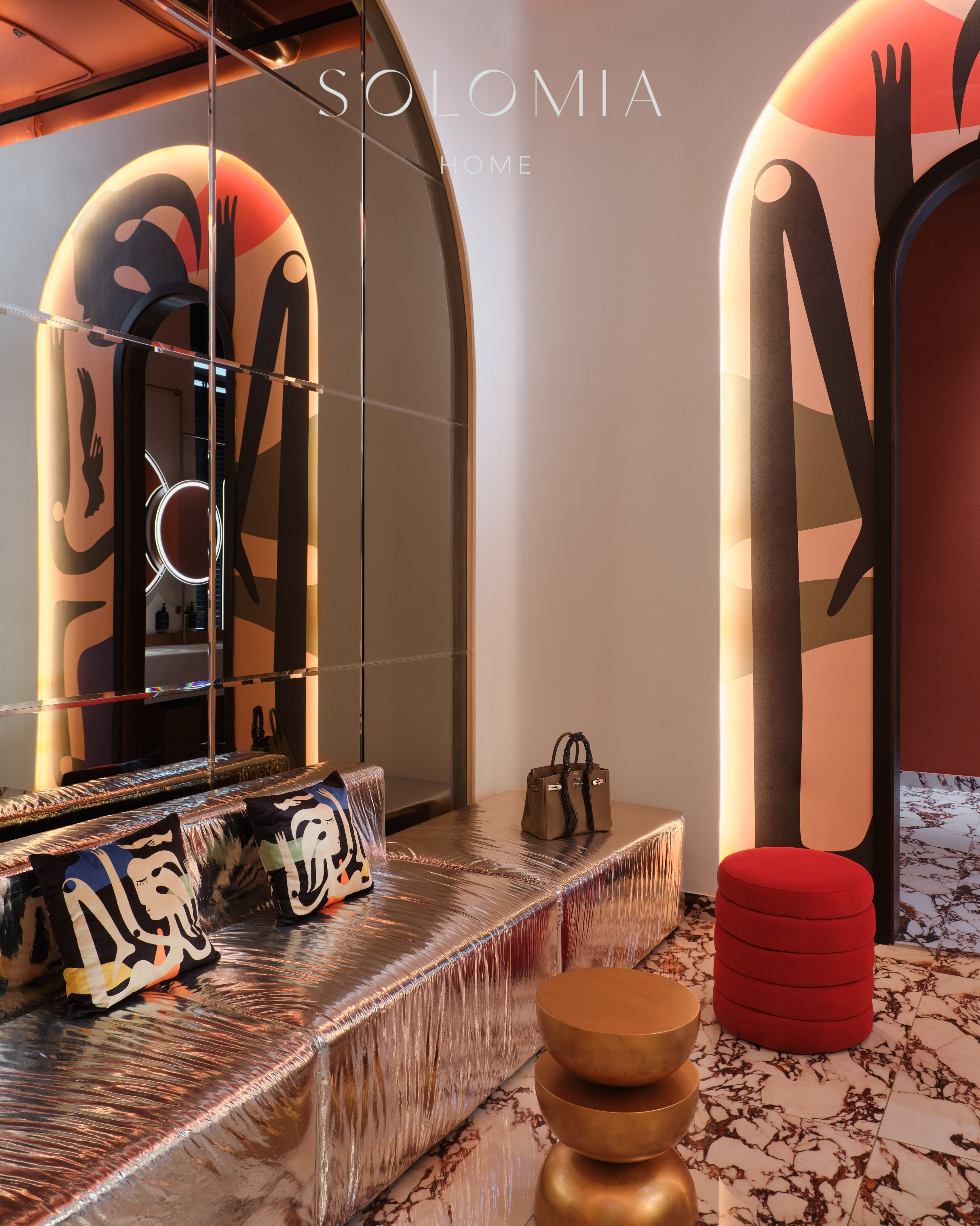 Powder room with mural and brass stool, Restaurant Dio Grand Cafe — restaurant interior design Astana
