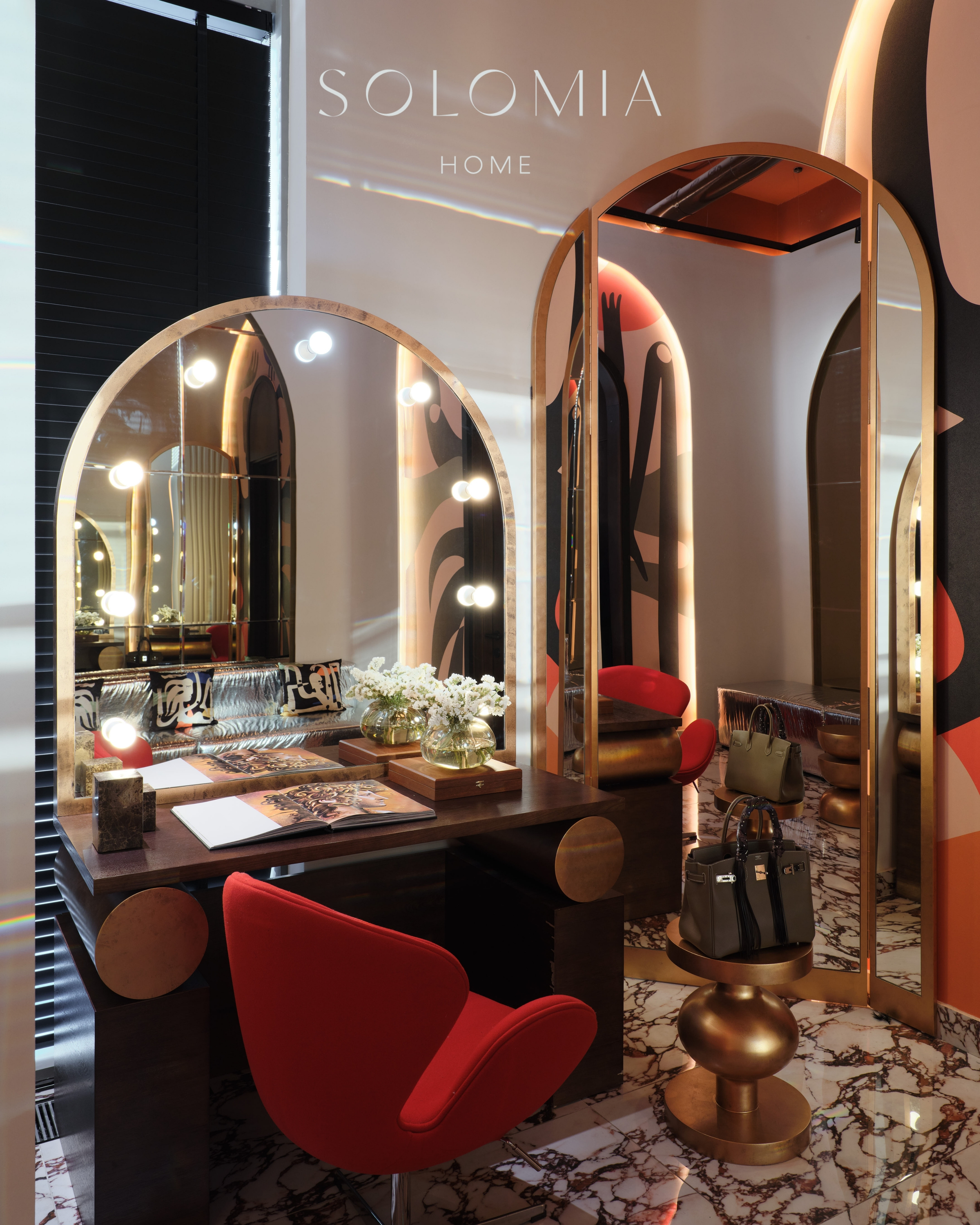 Dressing mirror with red chair, Restaurant Dio Grand Cafe — restaurant interior design Astana