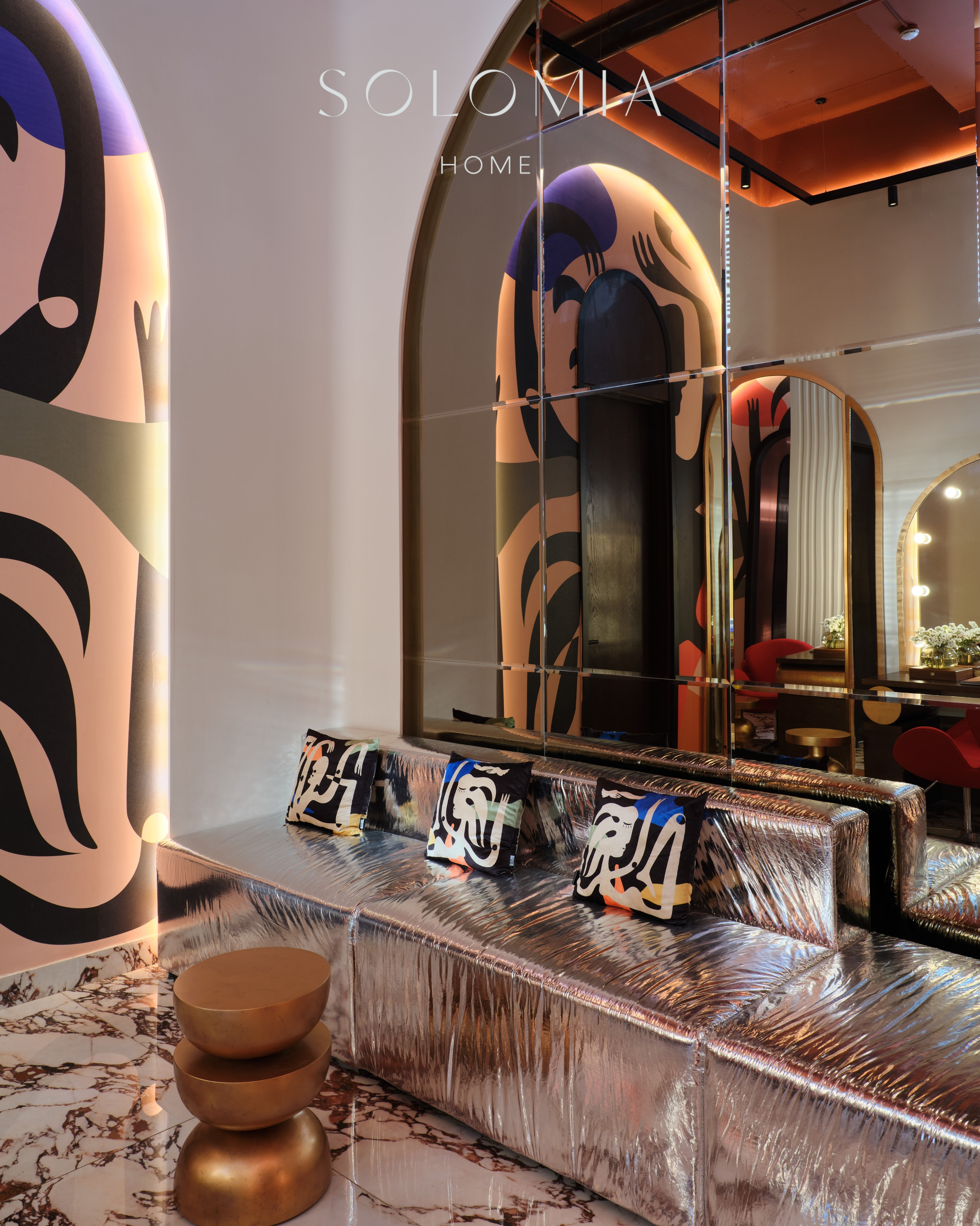 Powder room bench with mural, Restaurant Dio Grand Cafe — restaurant interior design Astana