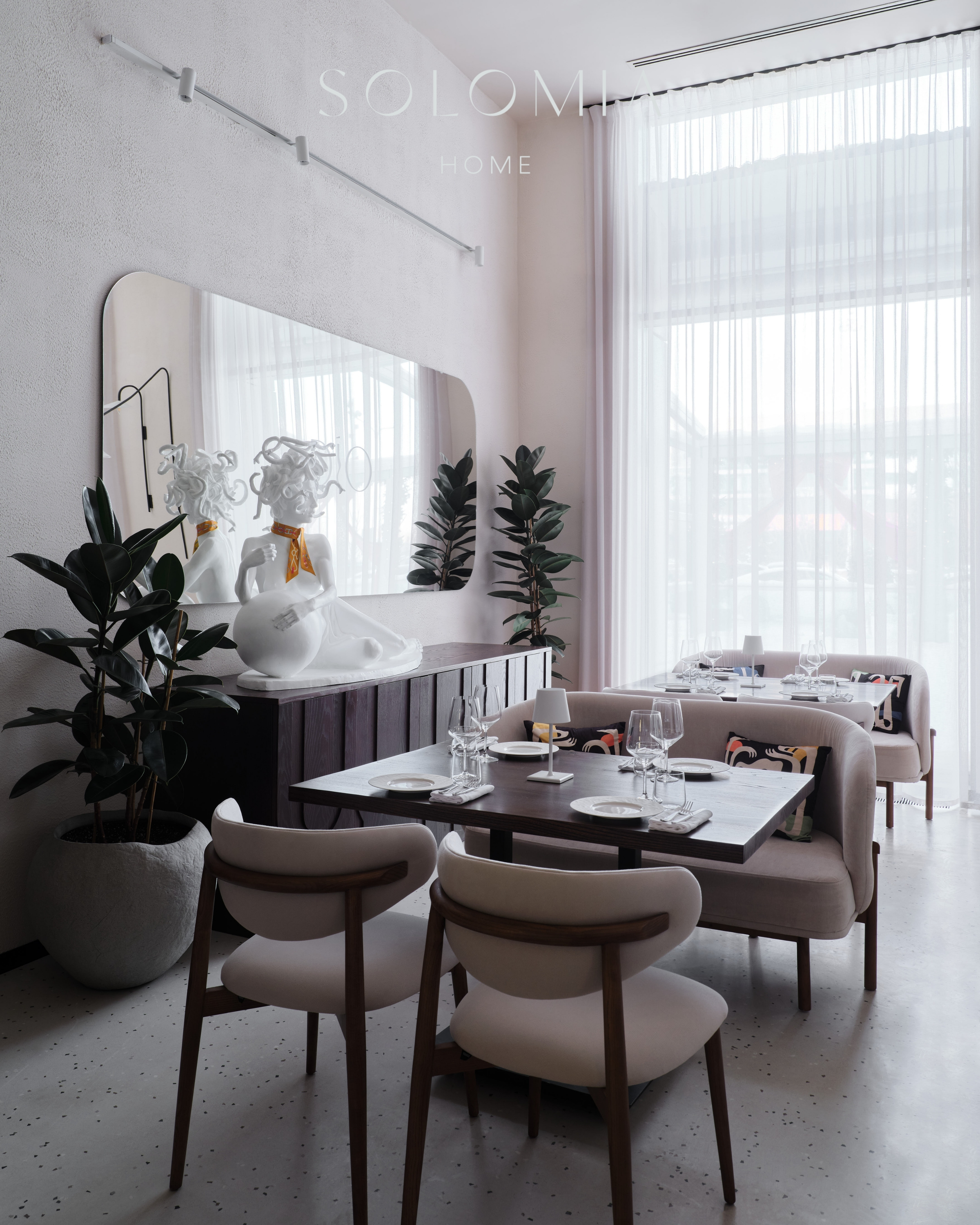 Private dining room with sculpture and plants, Restaurant Dio Grand Cafe — restaurant interior design Astana