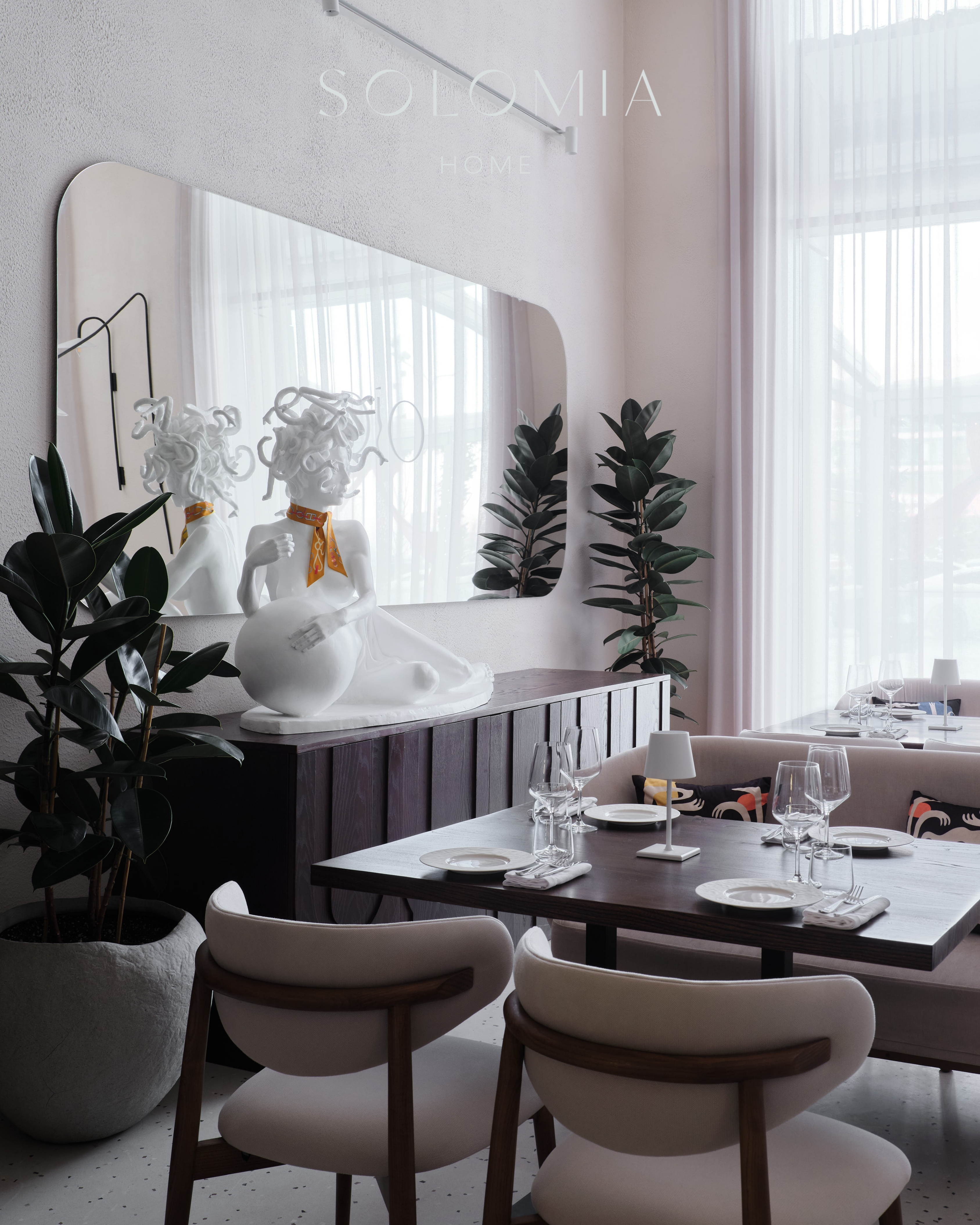 Private room with sculpture on a mirror console, Restaurant Dio Grand Cafe — restaurant interior design Astana