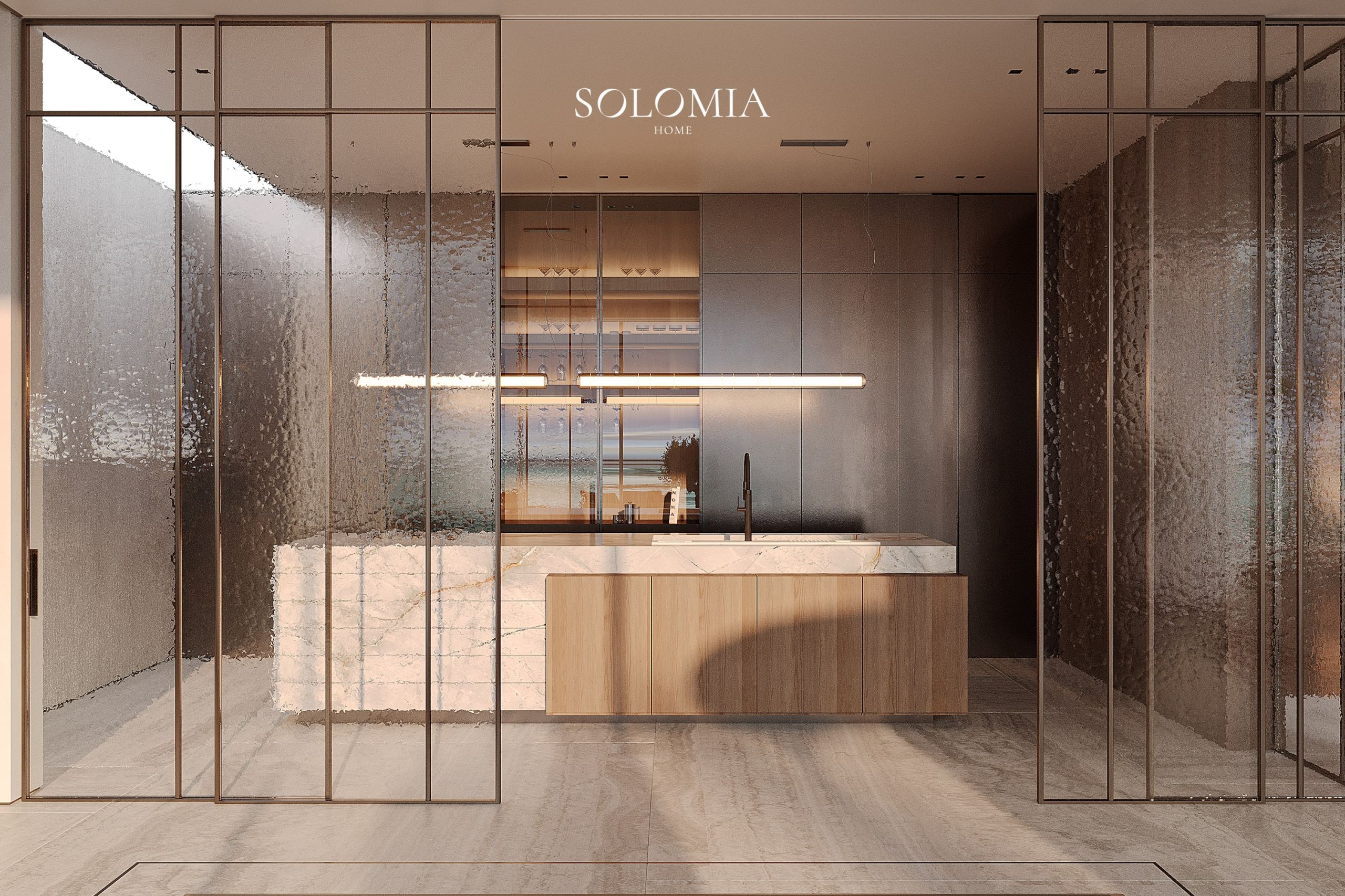 Kitchen behind a glass partition — Solomia Design, interior design company in Dubai