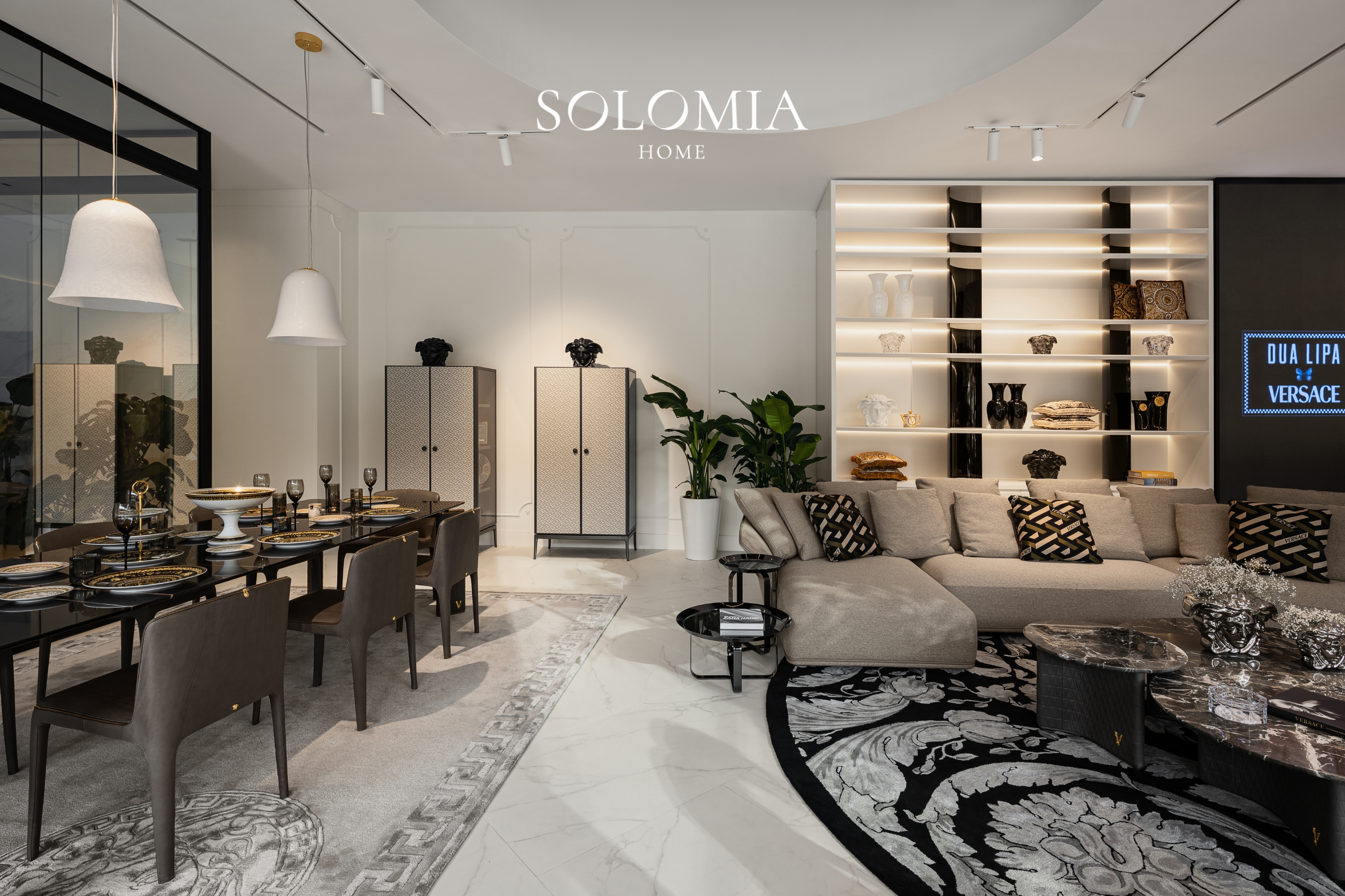 Showroom lounge with Versace cushions, Versace Home showroom Dubai Mall — commercial interior design by Solomia Design