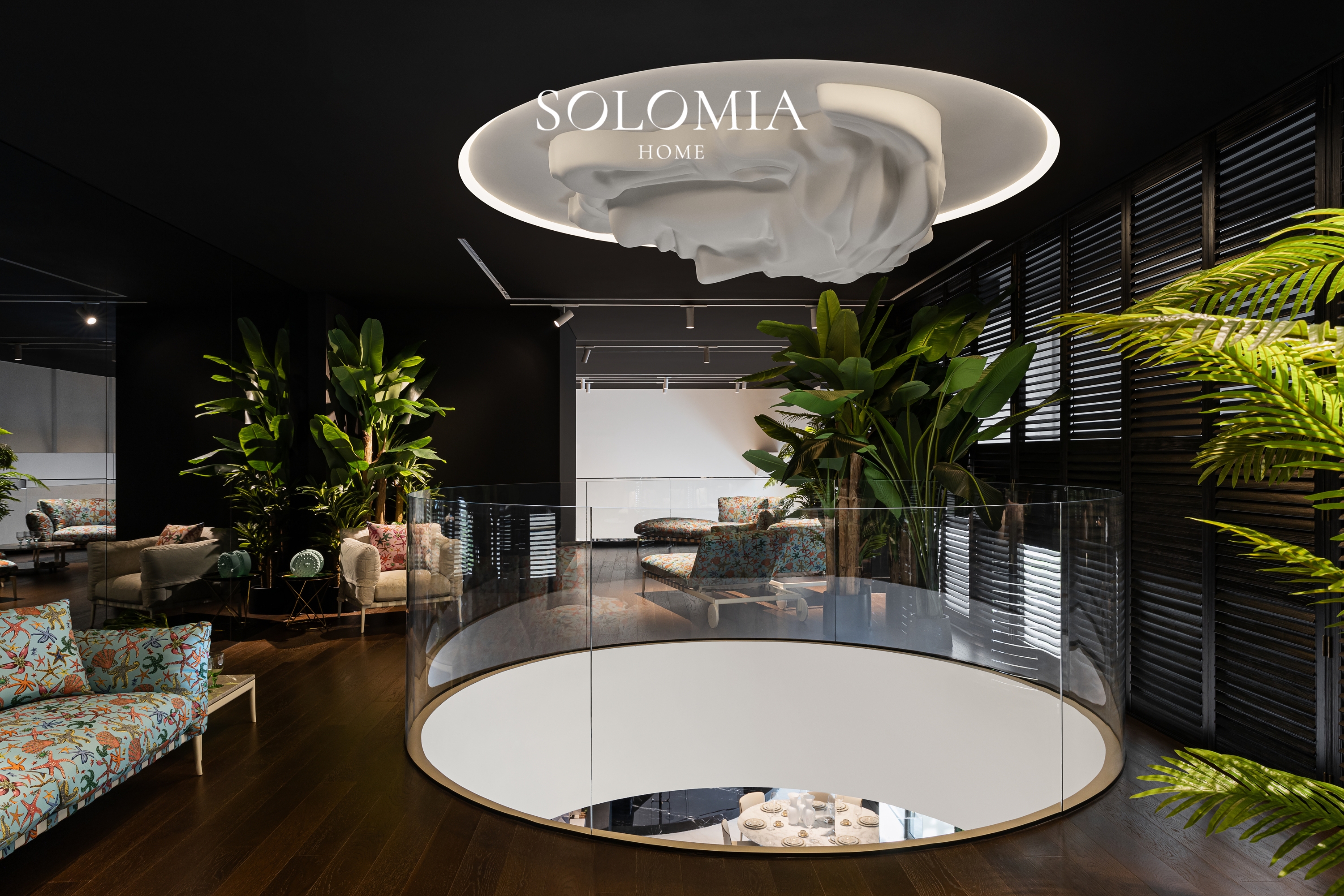 Mezzanine with plants and sculptural light, Versace Home showroom Dubai Mall — commercial interior design by Solomia Design