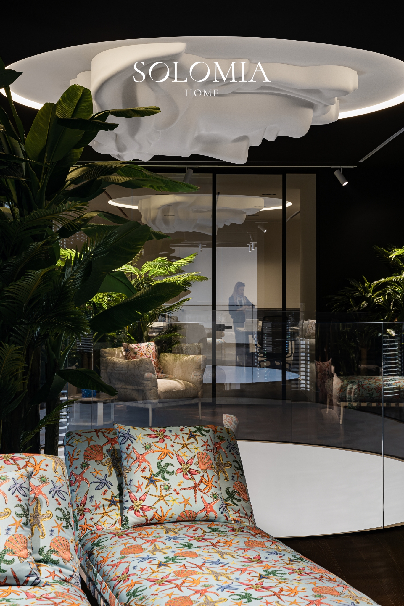 Floral chaise longue by the void, Versace Home showroom Dubai Mall — commercial interior design by Solomia Design