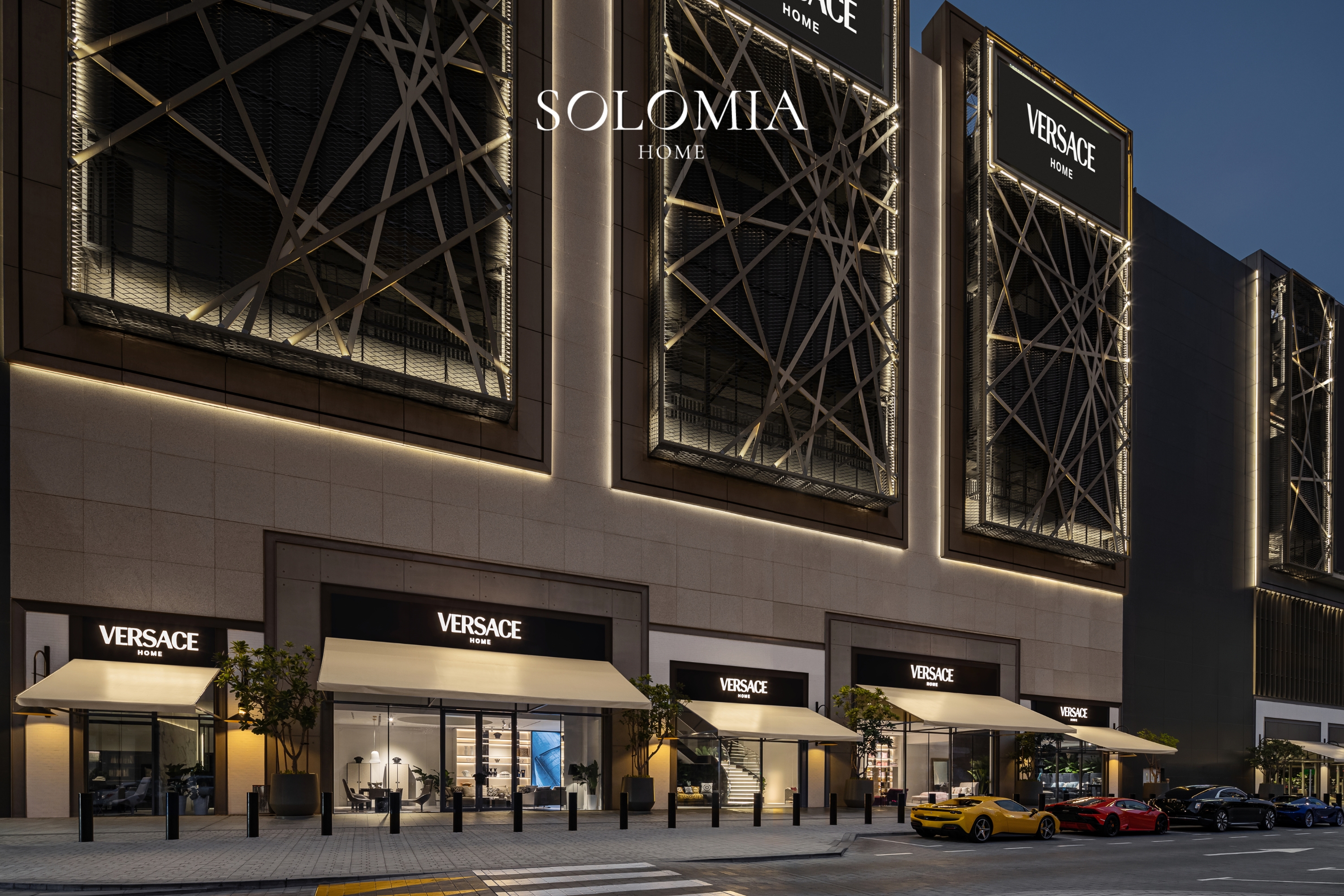 Versace Home store facade with cars, Versace Home showroom Dubai Mall — commercial interior design by Solomia Design
