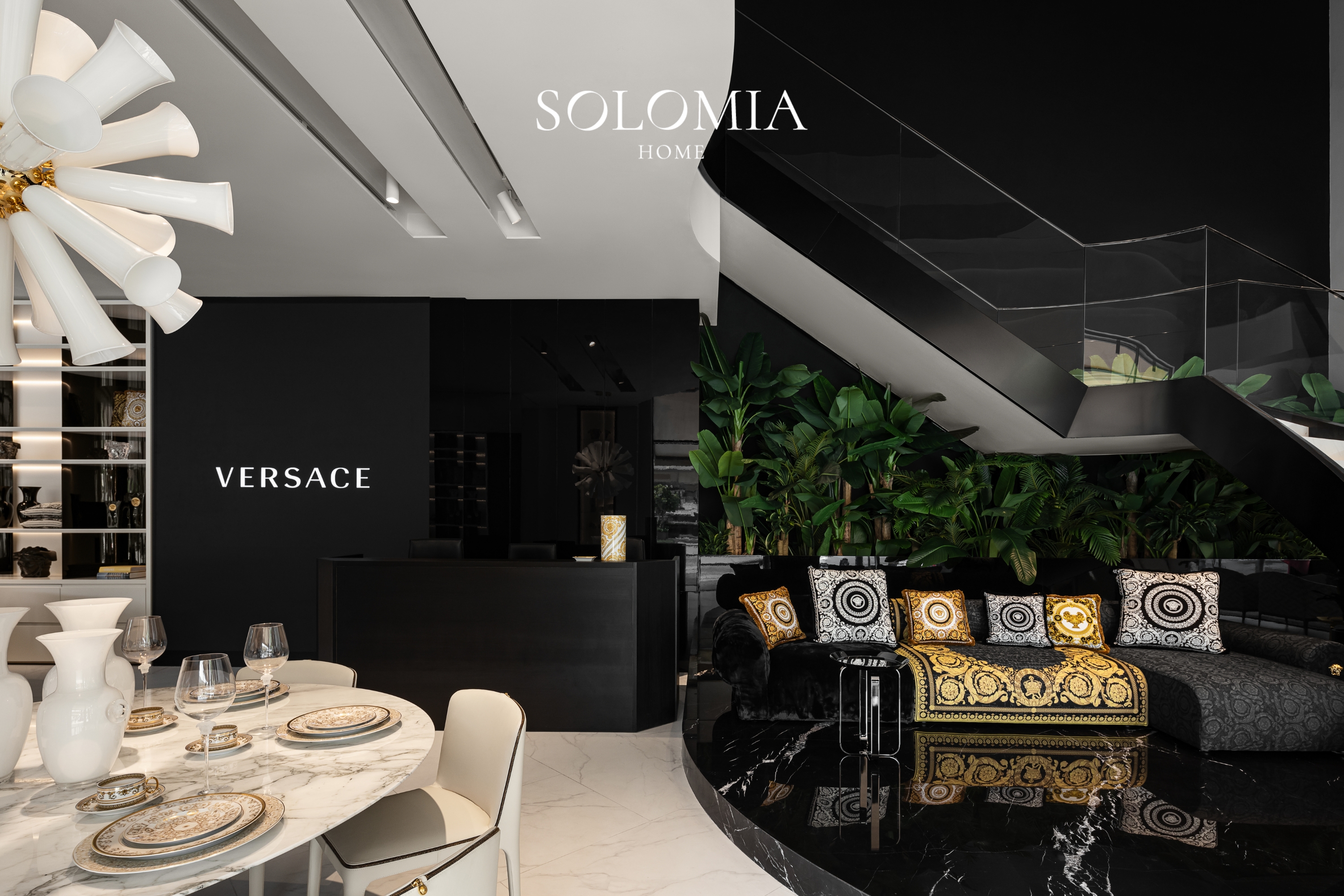 Versace showroom hall with staircase, Versace Home showroom Dubai Mall — commercial interior design by Solomia Design