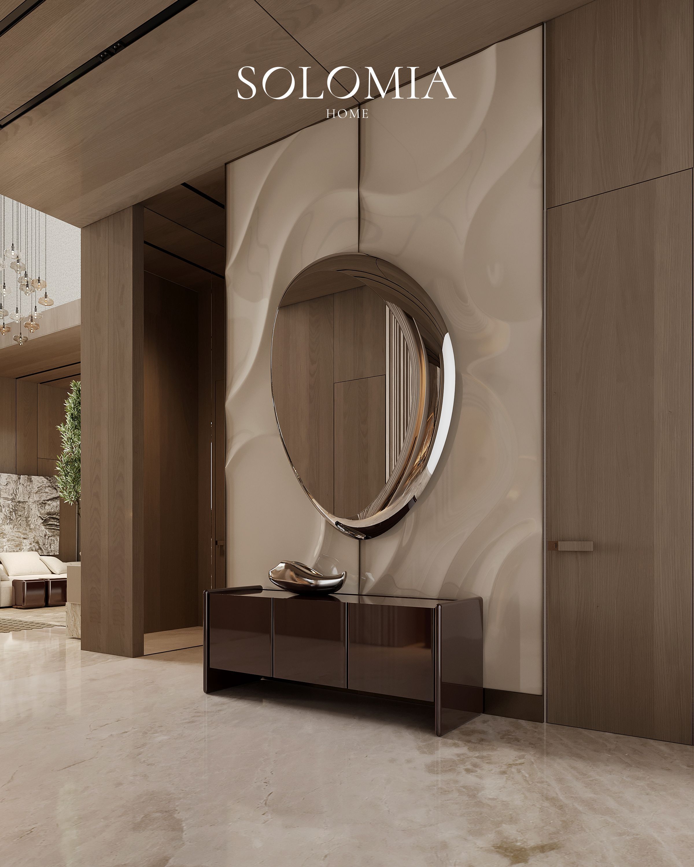 Entrance hall with round mirror and sculpted wall, Keturah Reserve, Dubai — luxury interior design Dubai