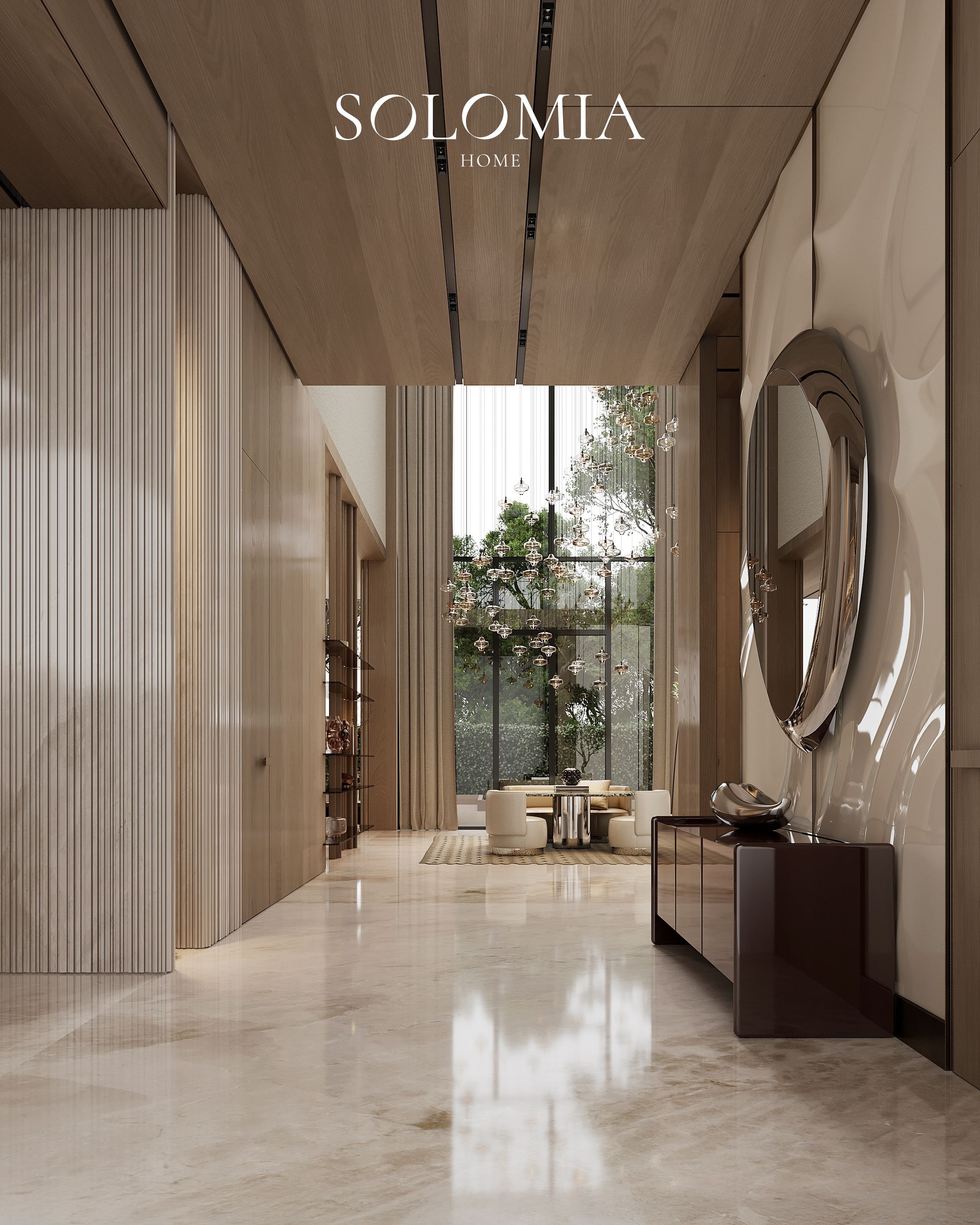 Entrance hall with mirror and garden view, Keturah Reserve, Dubai — luxury interior design Dubai