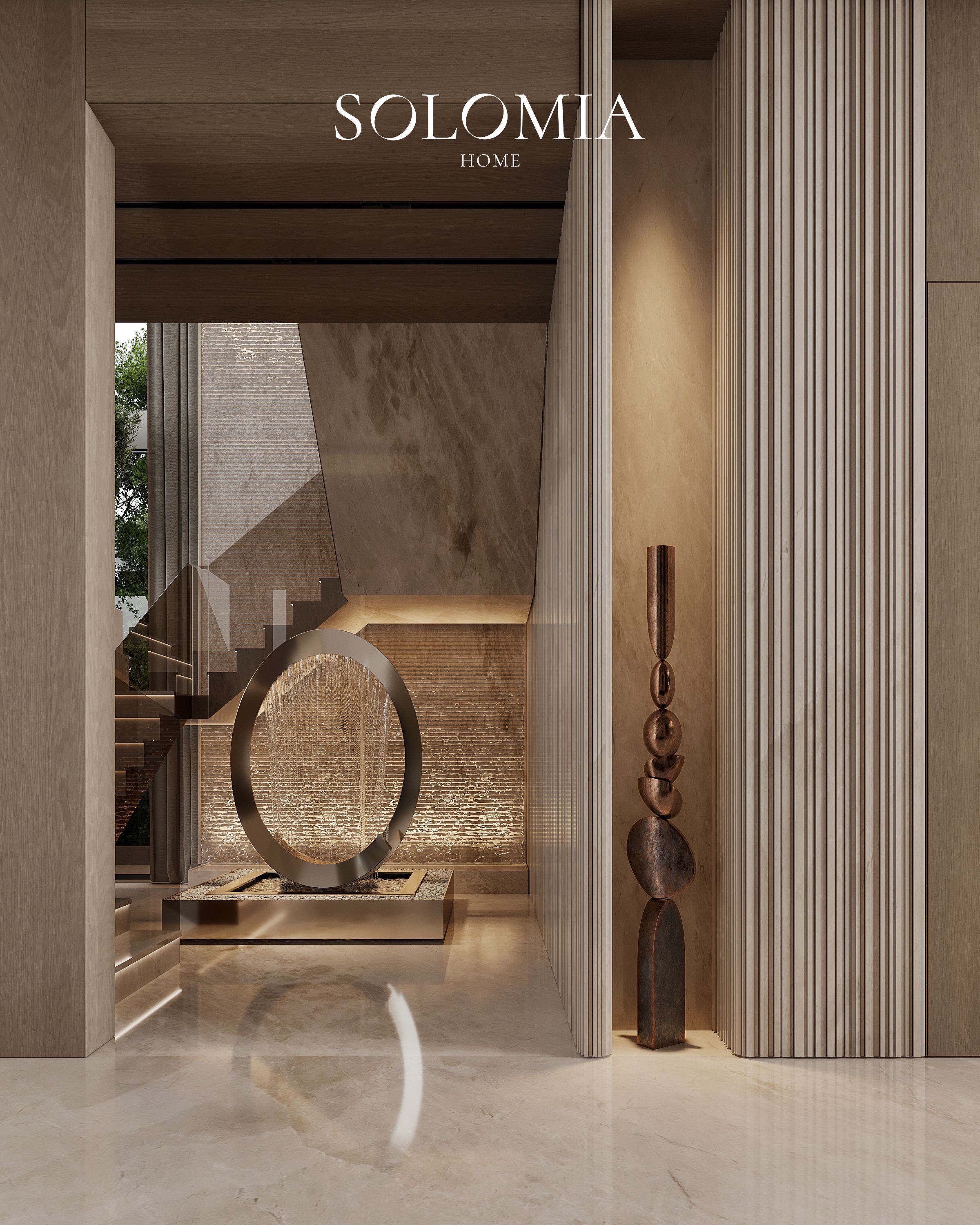 Entrance with oval mirror and sculpture, Keturah Reserve, Dubai — luxury interior design Dubai