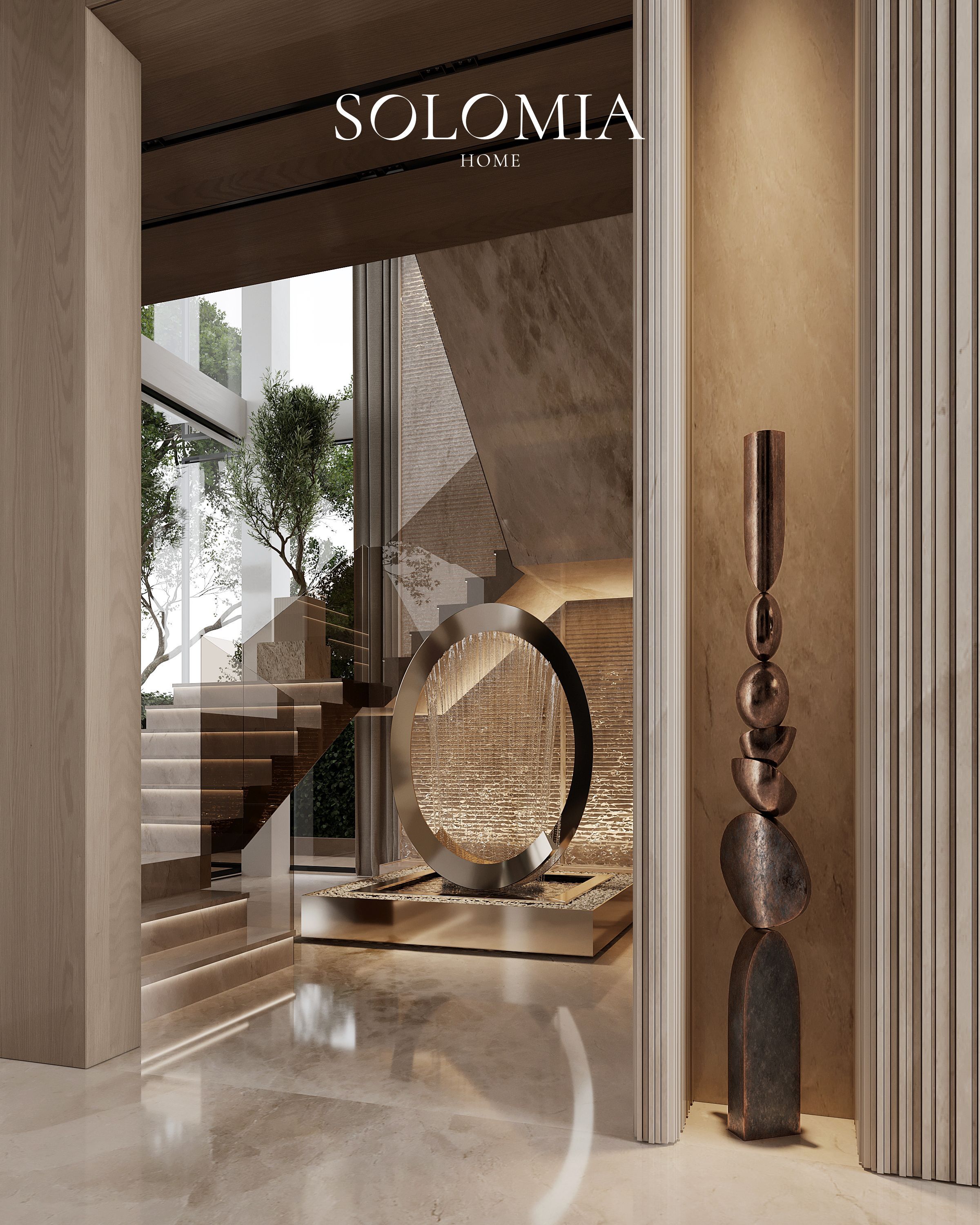 Hall with oval mirror and staircase, Keturah Reserve, Dubai — luxury interior design Dubai