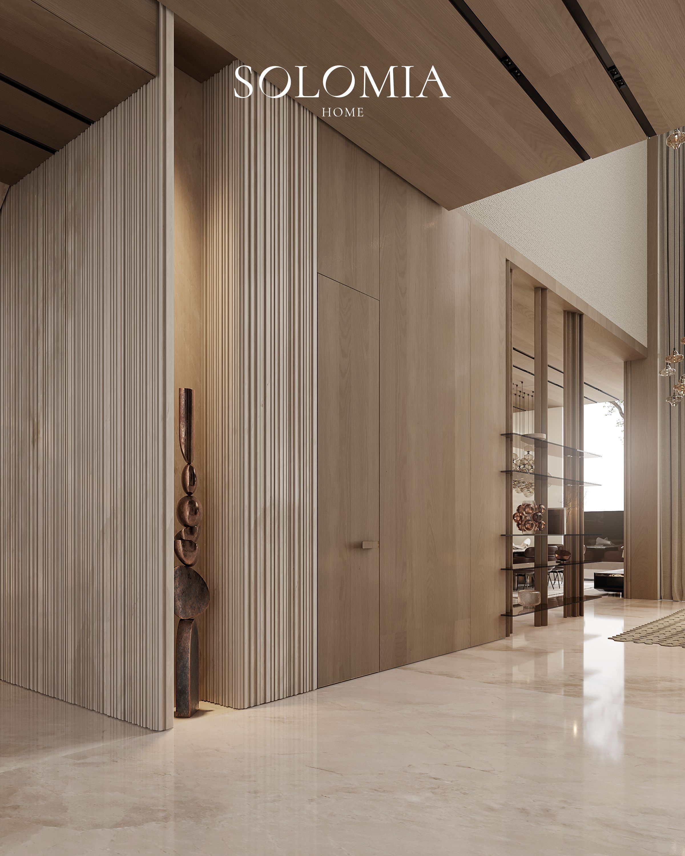 Hallway with fluted wood panelling, Keturah Reserve, Dubai — luxury interior design Dubai