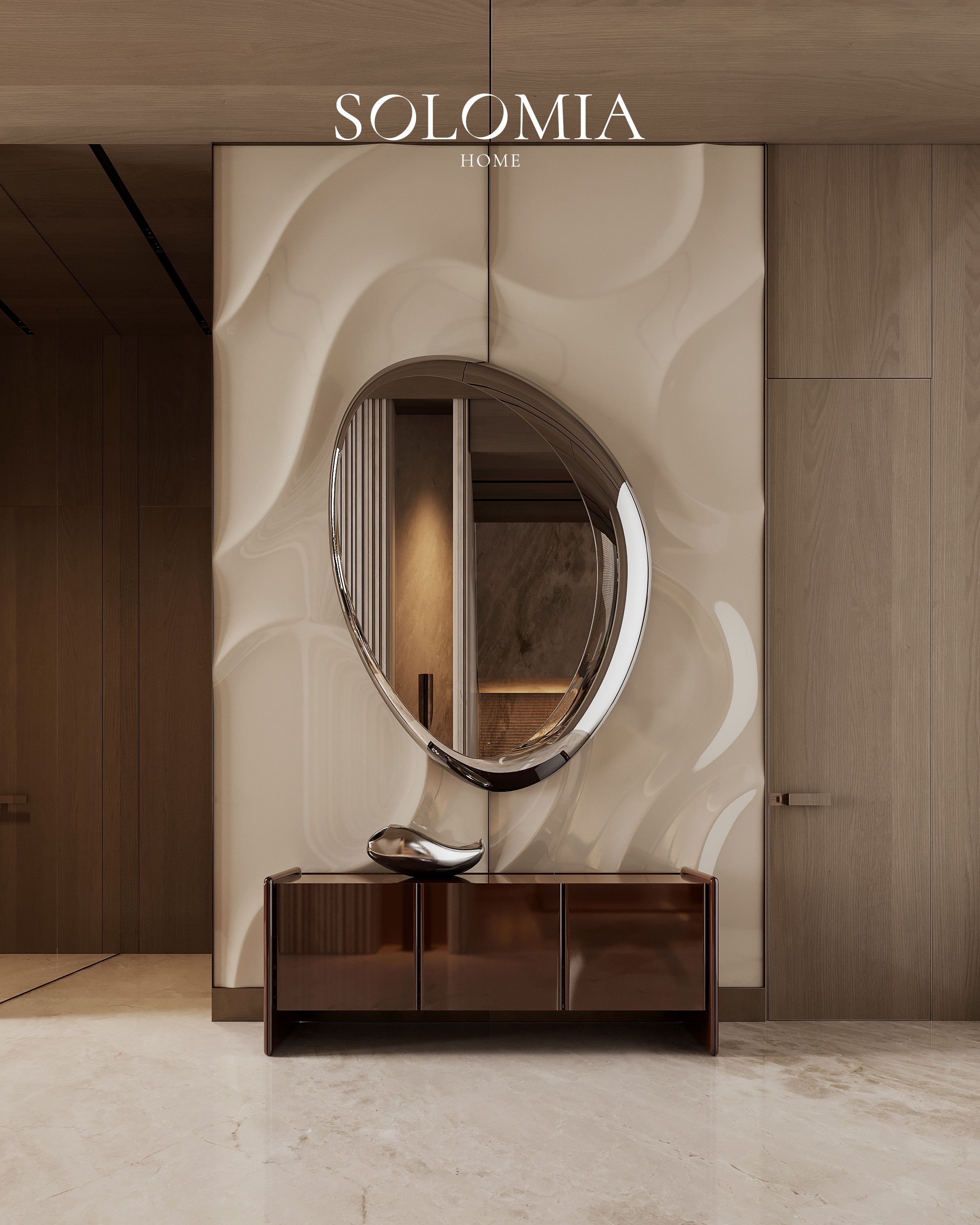 Entrance with sculpted wall and round mirror, Keturah Reserve, Dubai — luxury interior design Dubai