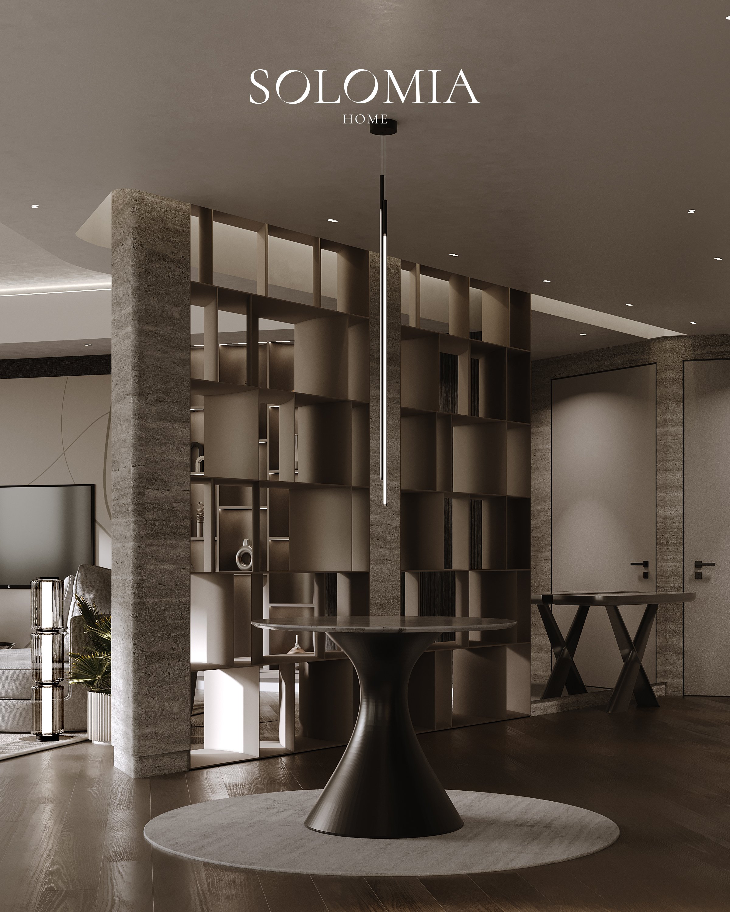 Round dining table with shelving screen, Opus Tower by Zaha Hadid — luxury interior design by Solomia Design