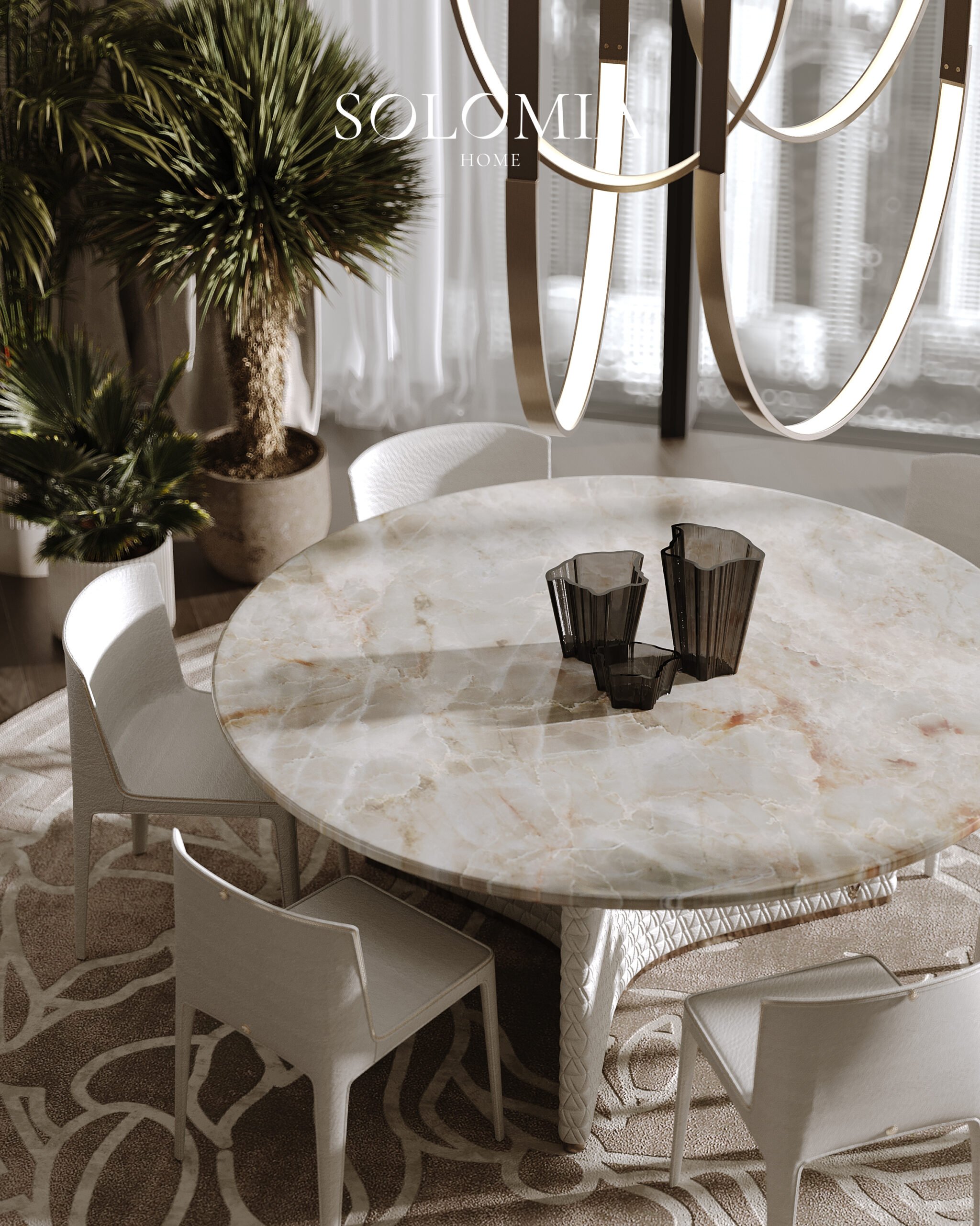 Marble dining table detail, Opus Tower by Zaha Hadid — luxury interior design by Solomia Design