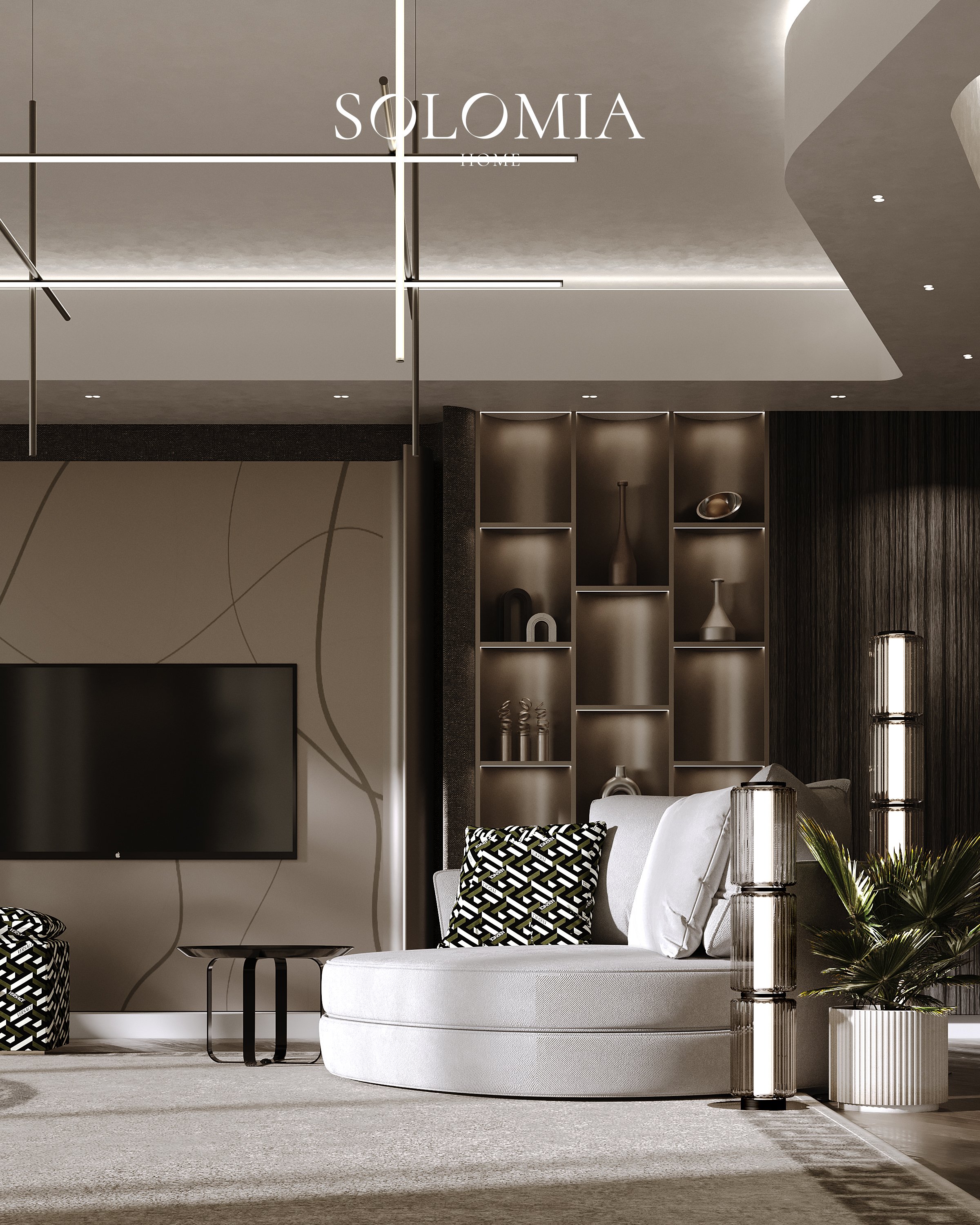 Living room with lit shelving, Opus Tower by Zaha Hadid — luxury interior design by Solomia Design