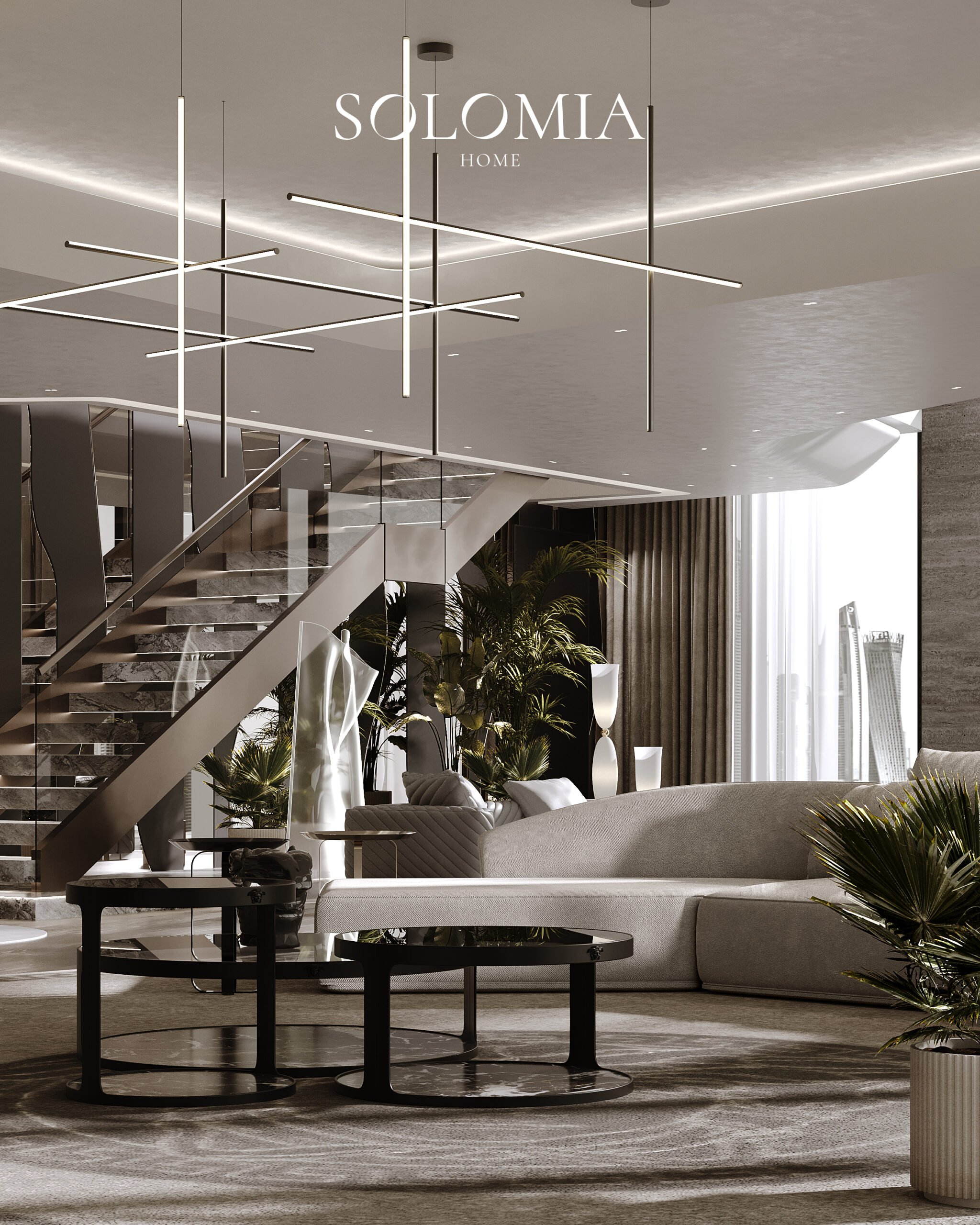 Living room with glass staircase, Opus Tower by Zaha Hadid — luxury interior design by Solomia Design
