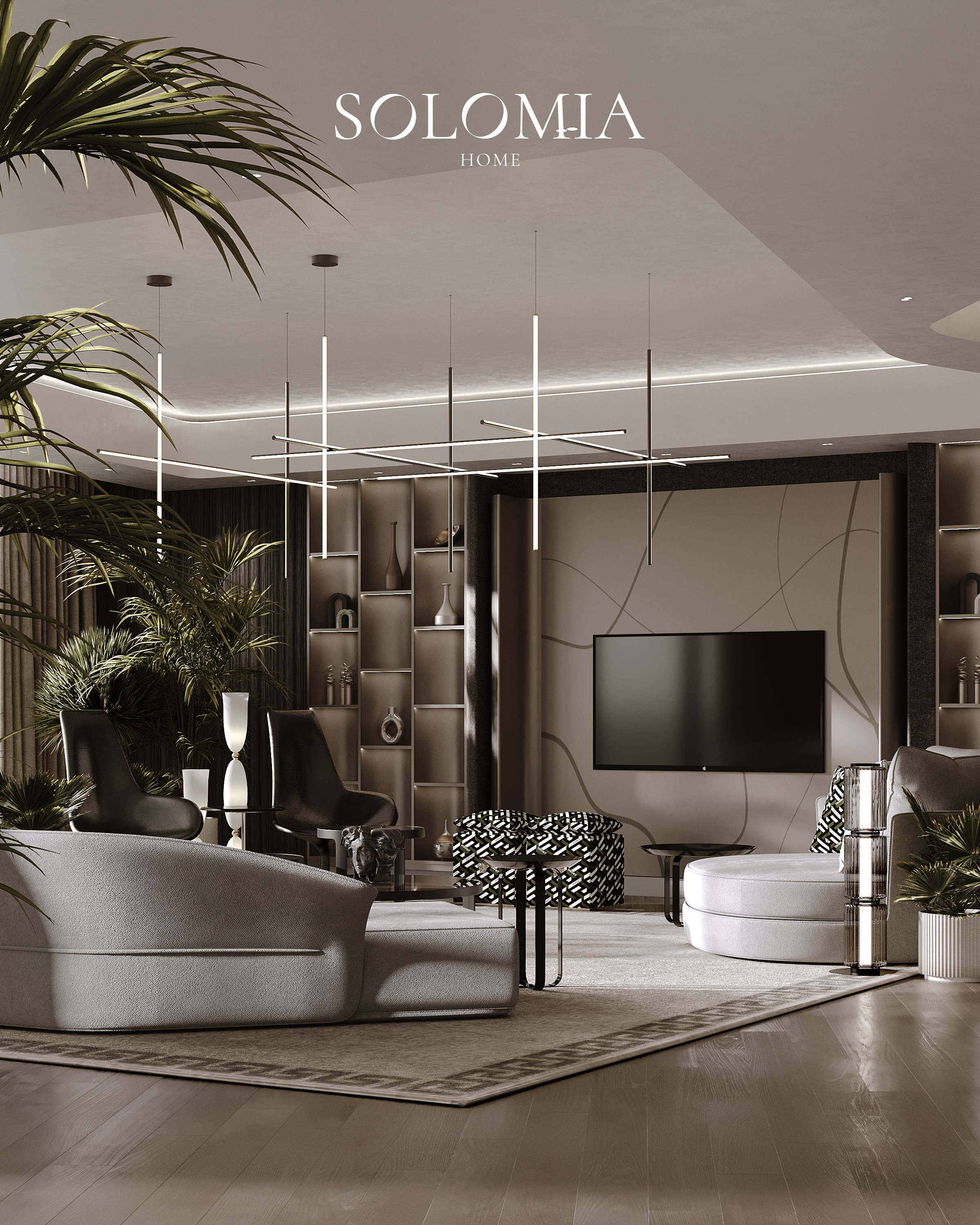 Living room with TV and shelving, Opus Tower by Zaha Hadid — luxury interior design by Solomia Design