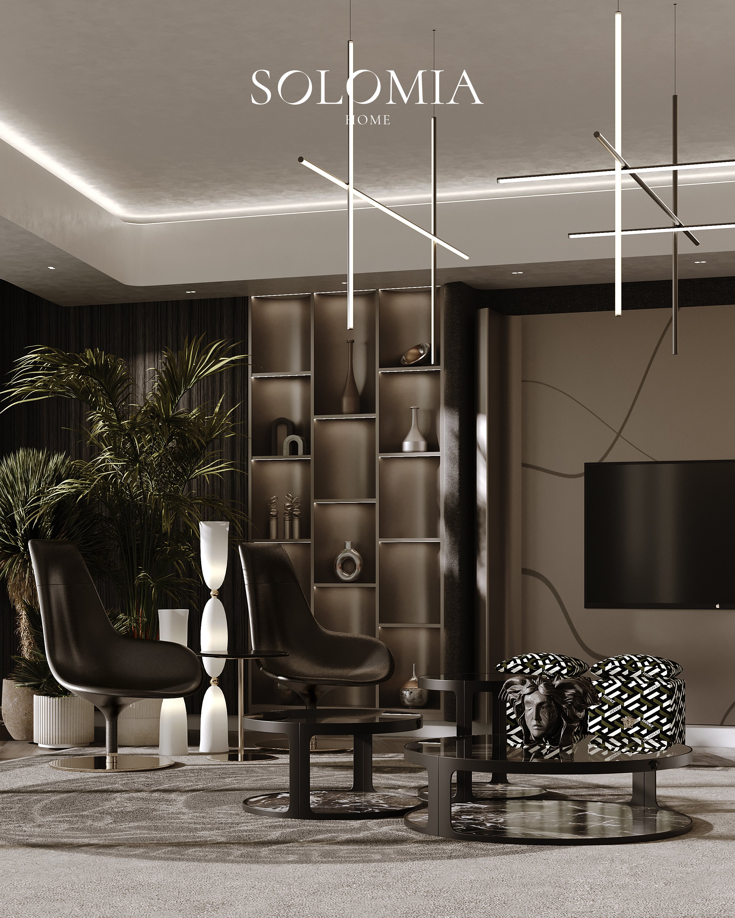 Living room with lit shelving and black armchairs, Opus Tower by Zaha Hadid — luxury interior design by Solomia Design