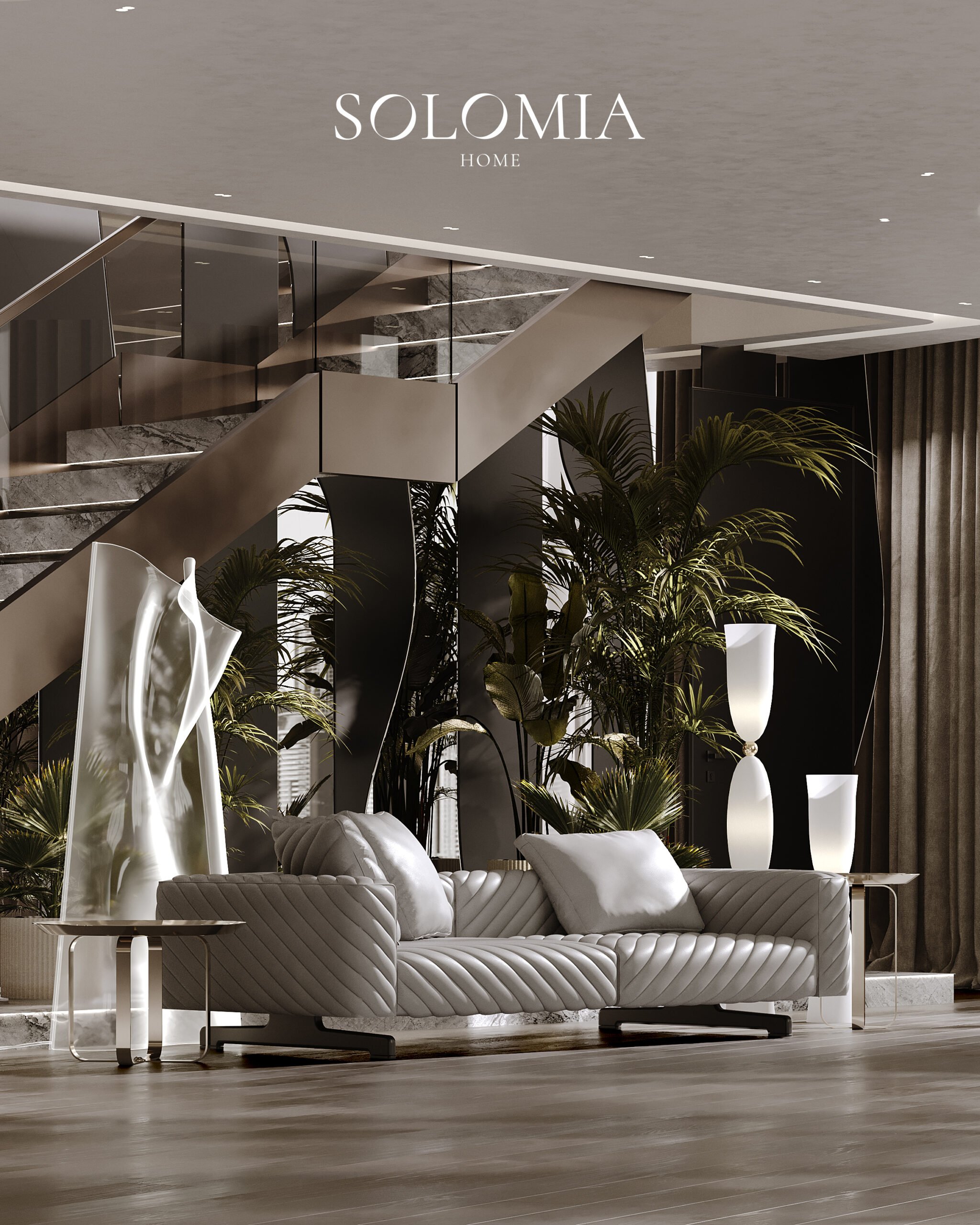 Living room with quilted sofa and staircase, Opus Tower by Zaha Hadid — luxury interior design by Solomia Design