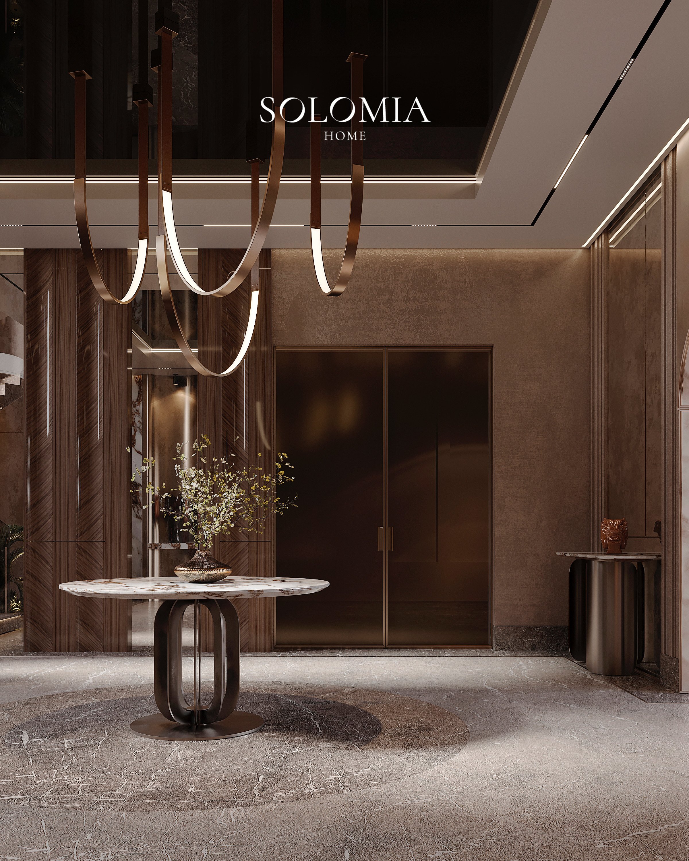 Entrance hall with round table and ring lights, Keturah Reserve Villa — luxury interior design Dubai