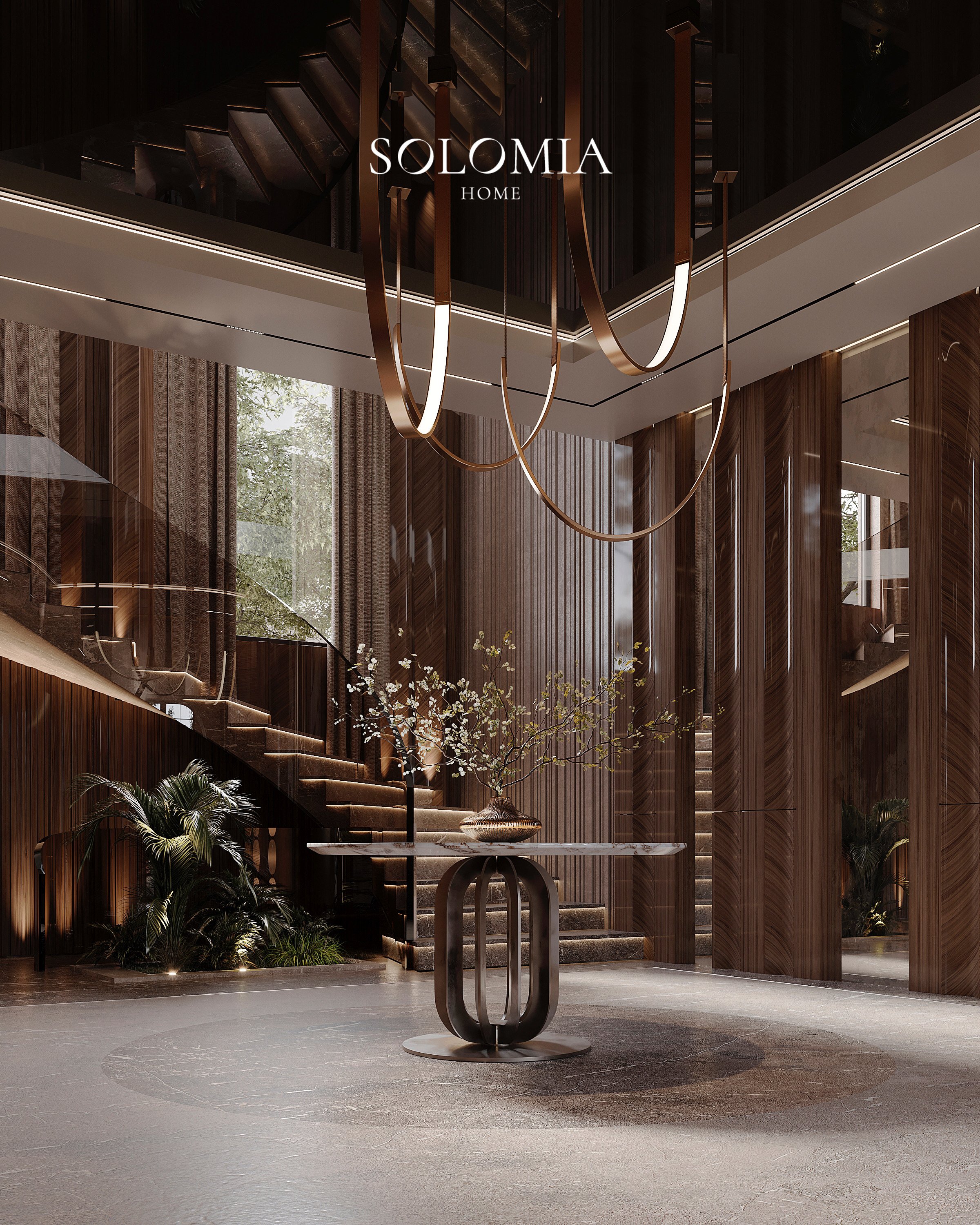 Hall with curved staircase and marble table, Keturah Reserve Villa — luxury interior design Dubai