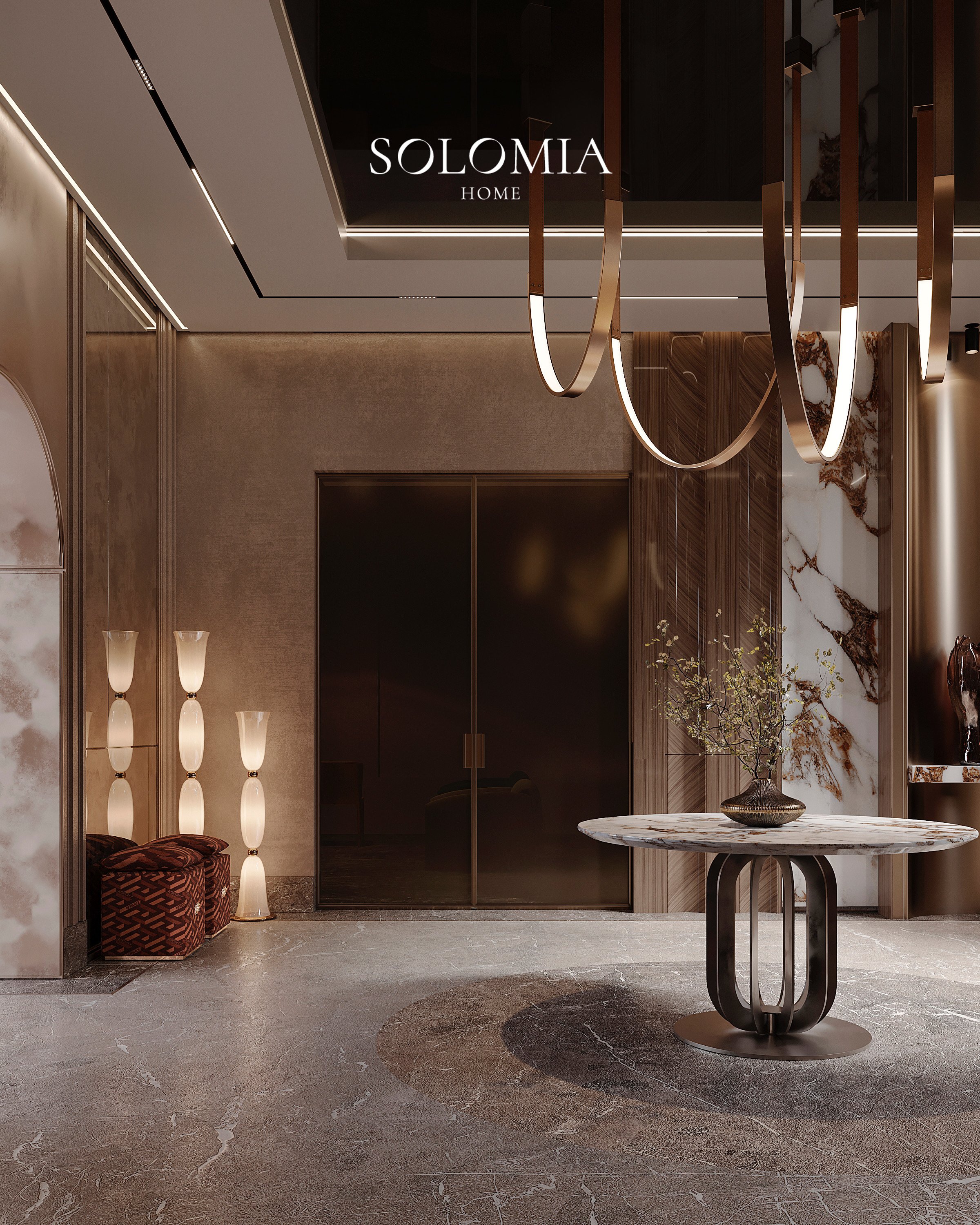 Entrance with brass ring lights, Keturah Reserve Villa — luxury interior design Dubai