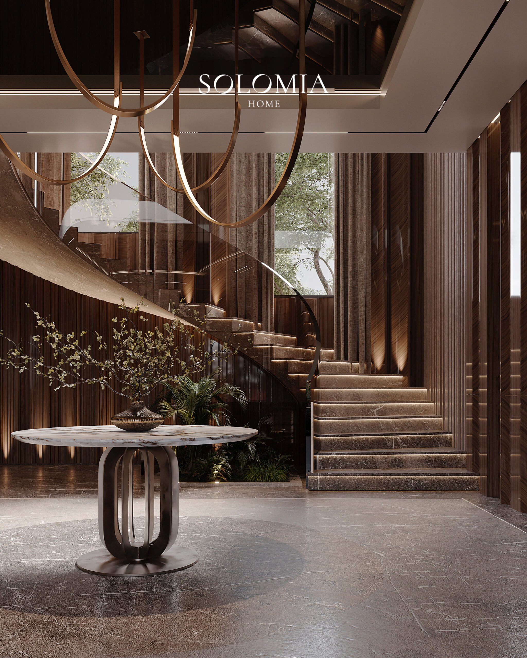 Hall with staircase and round table, Keturah Reserve Villa — luxury interior design Dubai