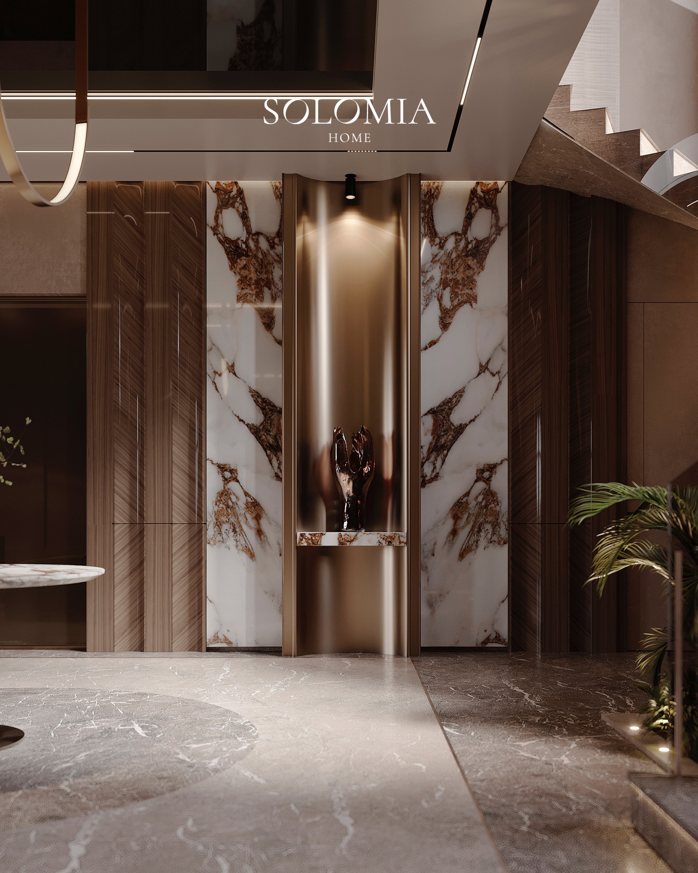Hall with marble wall panels, Keturah Reserve Villa — luxury interior design Dubai