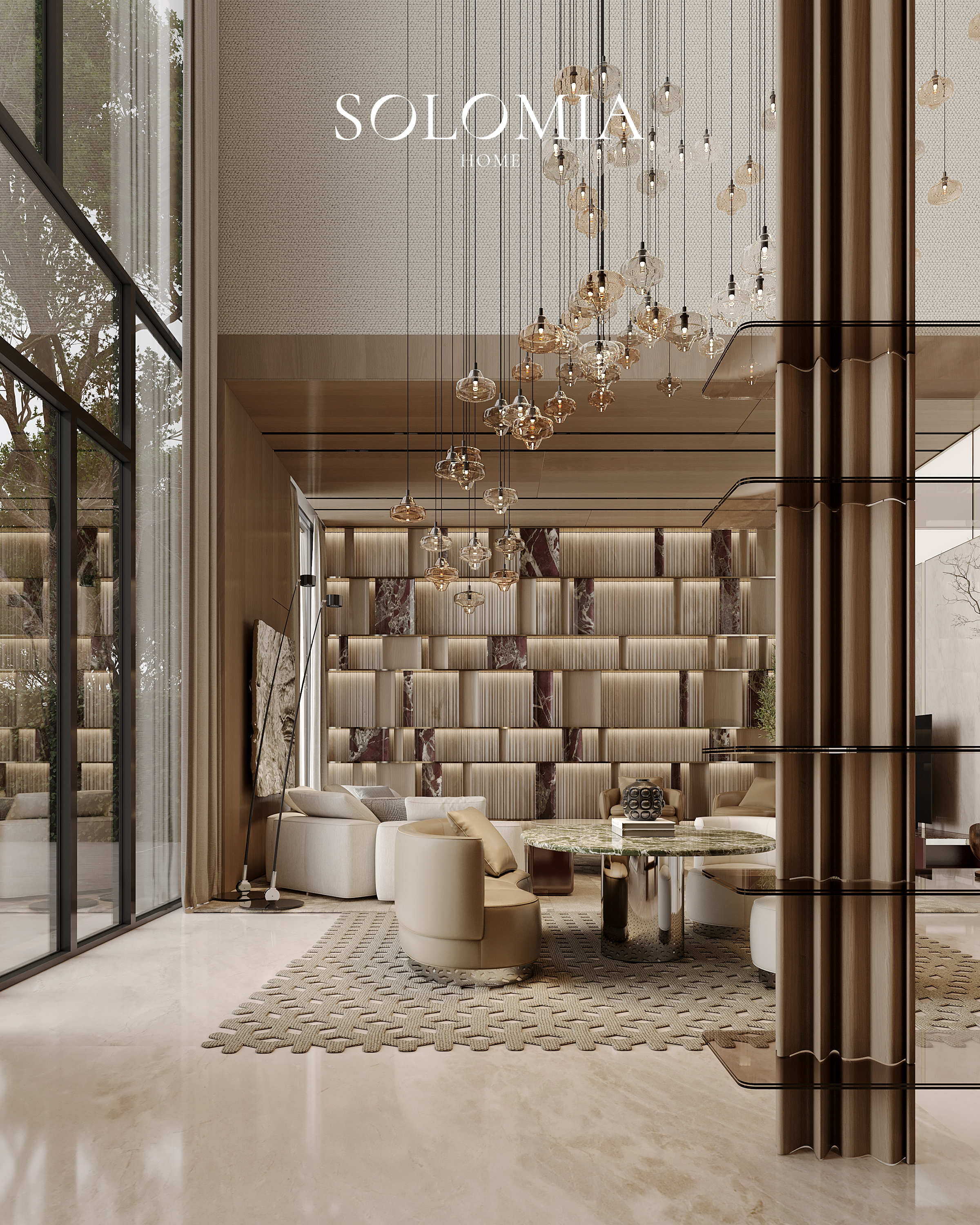 Living room with cascading pendant lights, Keturah Reserve, Dubai — luxury interior design Dubai