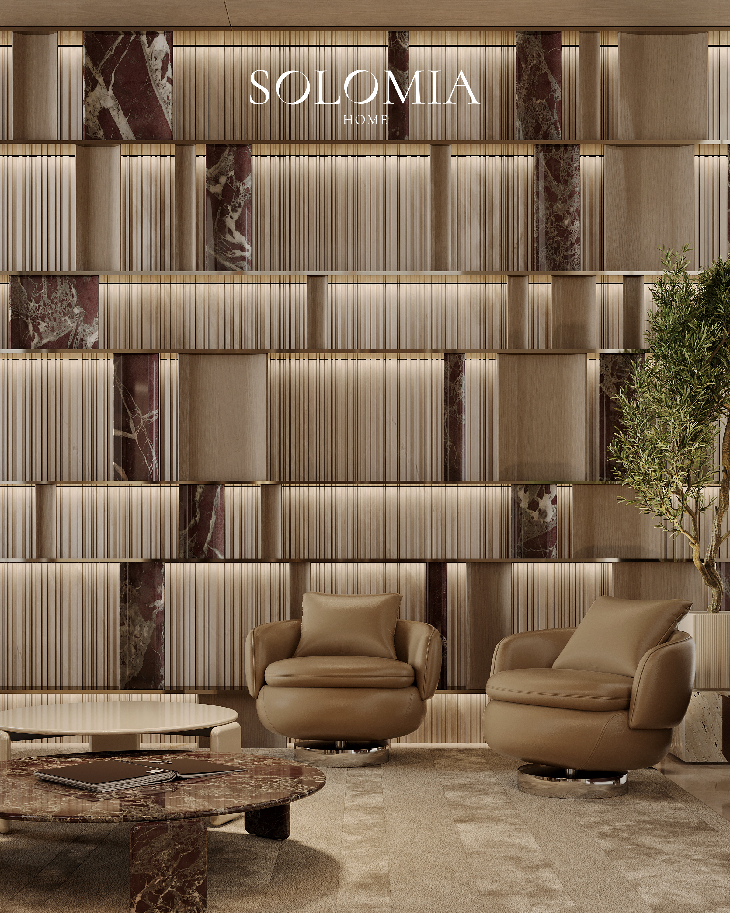 Leather armchairs by a red marble wall, Keturah Reserve, Dubai — luxury interior design Dubai