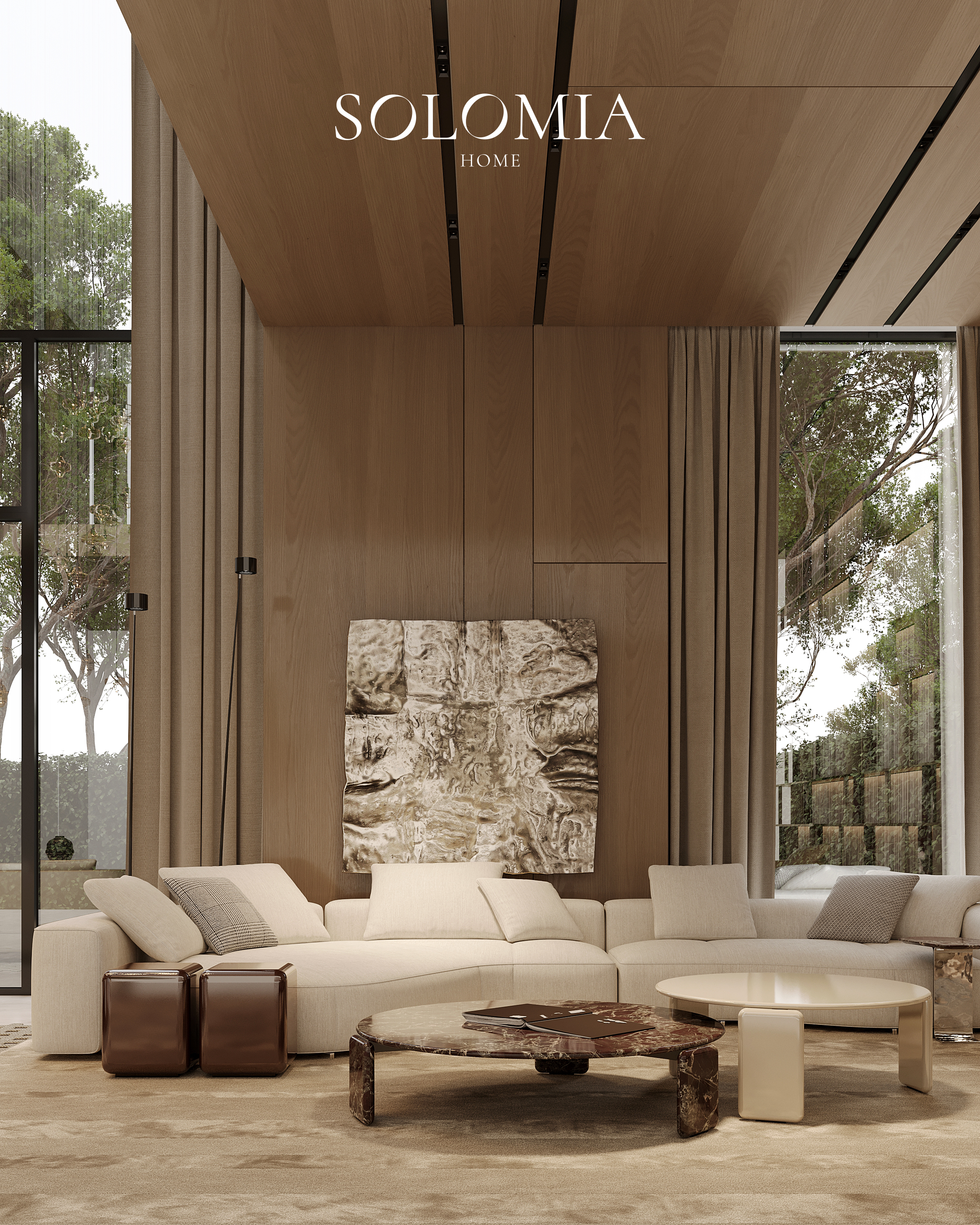 Living room with wood ceiling and garden view, Keturah Reserve, Dubai — luxury interior design Dubai