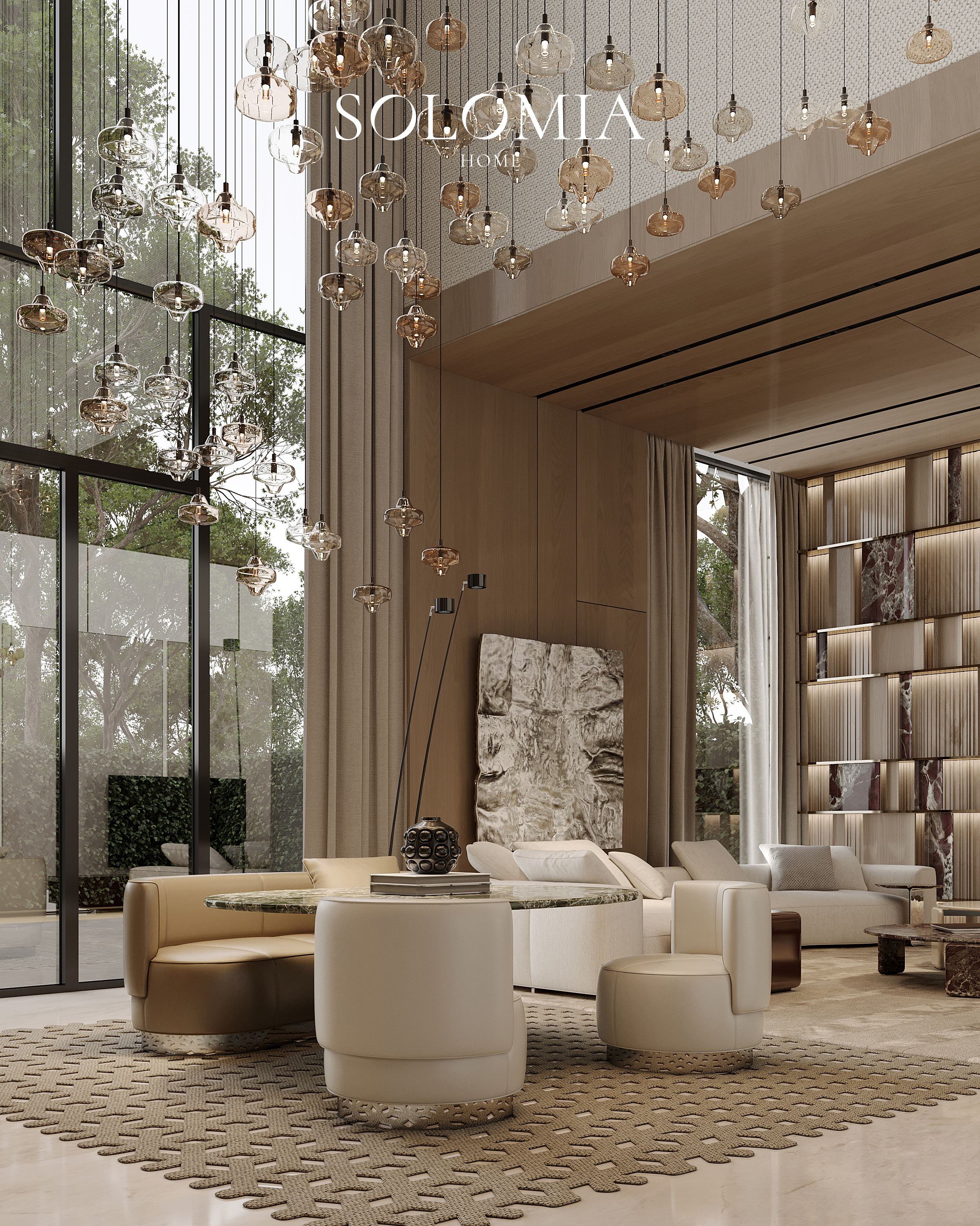 Lounge with pendant lights and marble wall, Keturah Reserve, Dubai — luxury interior design Dubai