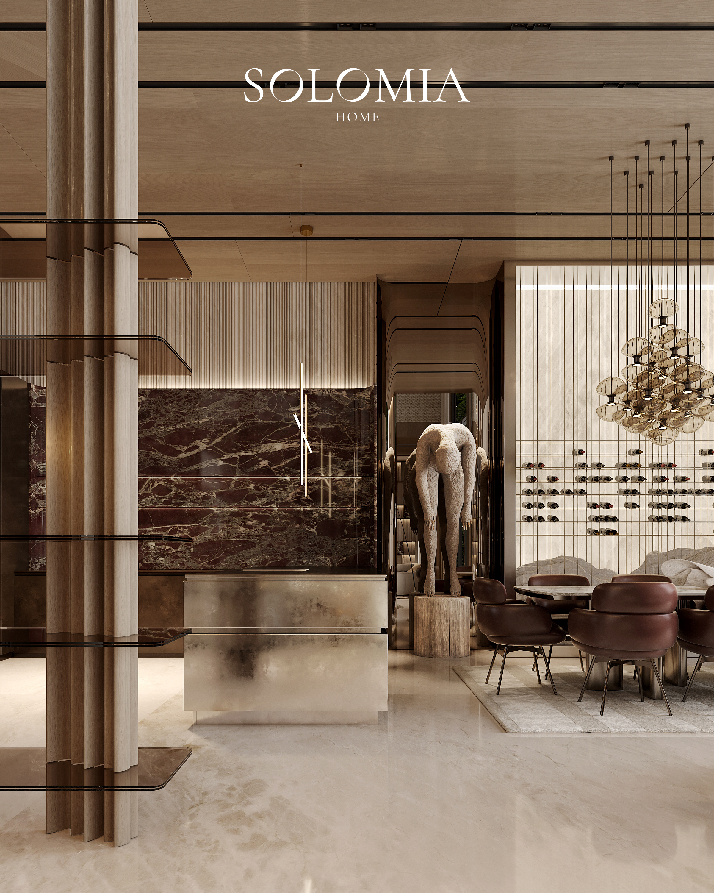 Hall with red marble and elephant sculpture, Keturah Reserve, Dubai — luxury interior design Dubai