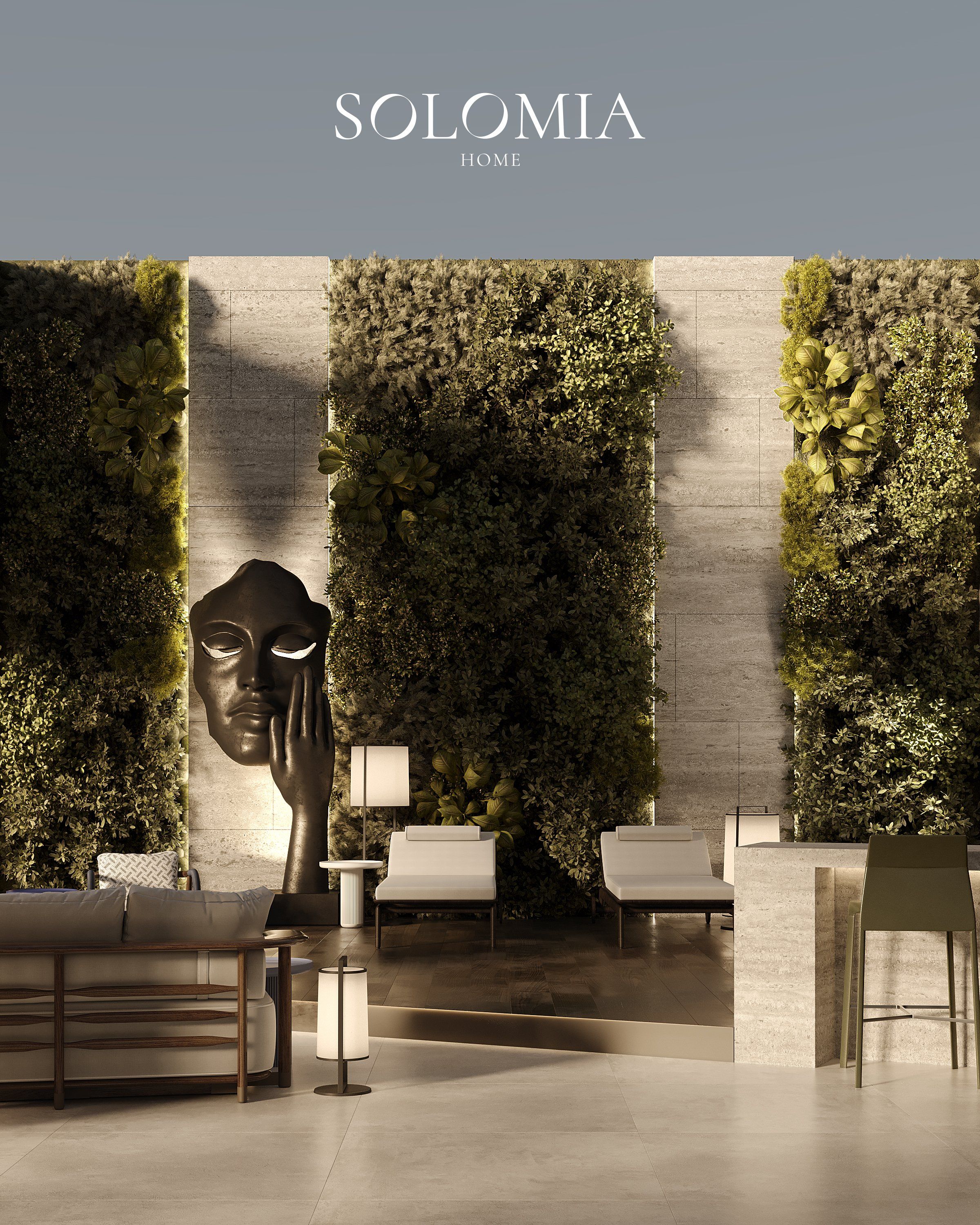 Terrace with green wall and mask sculpture, Central Park Tower New York — villa exterior design New York