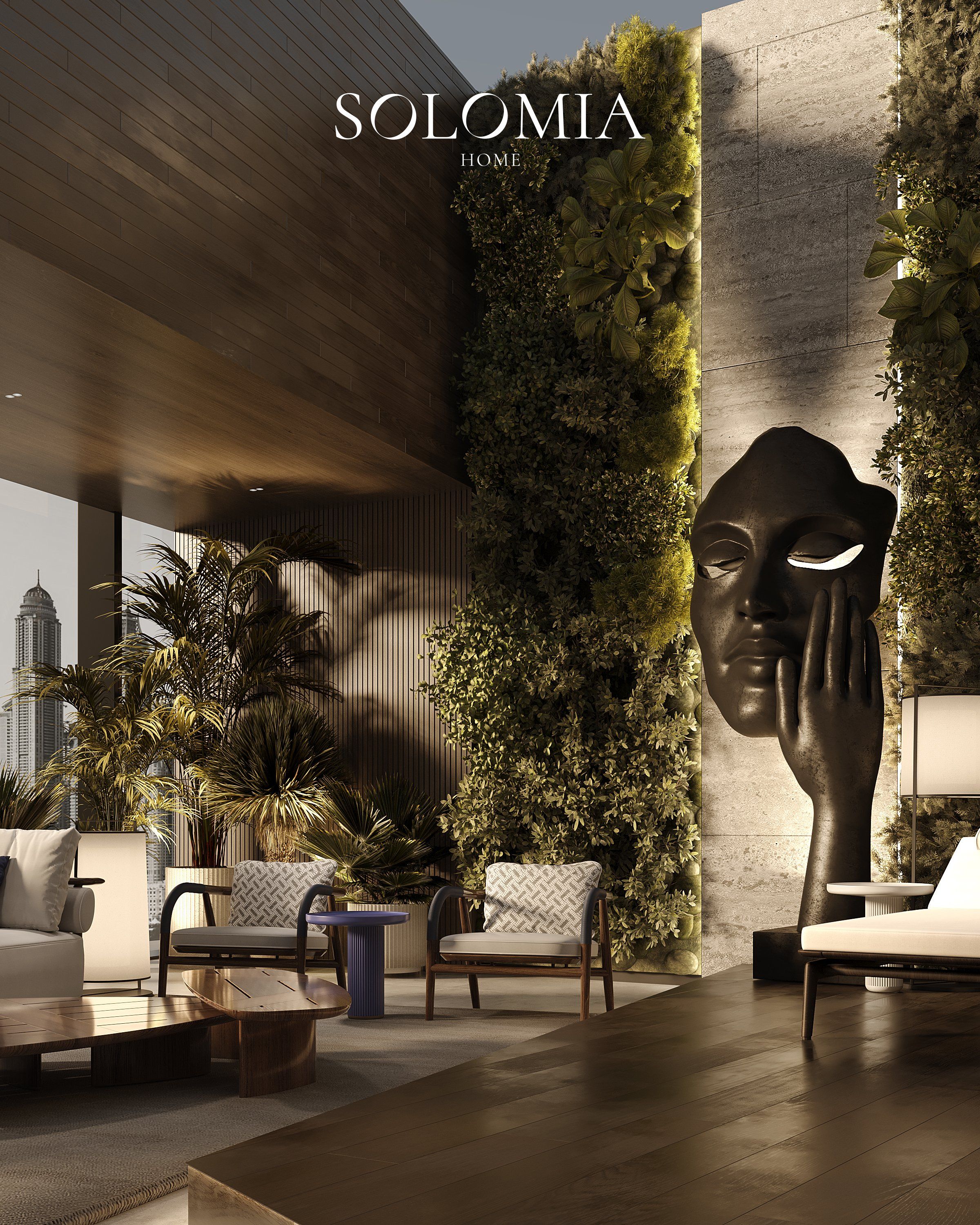 Terrace lounge with green wall and sculpture, Central Park Tower New York — villa exterior design New York