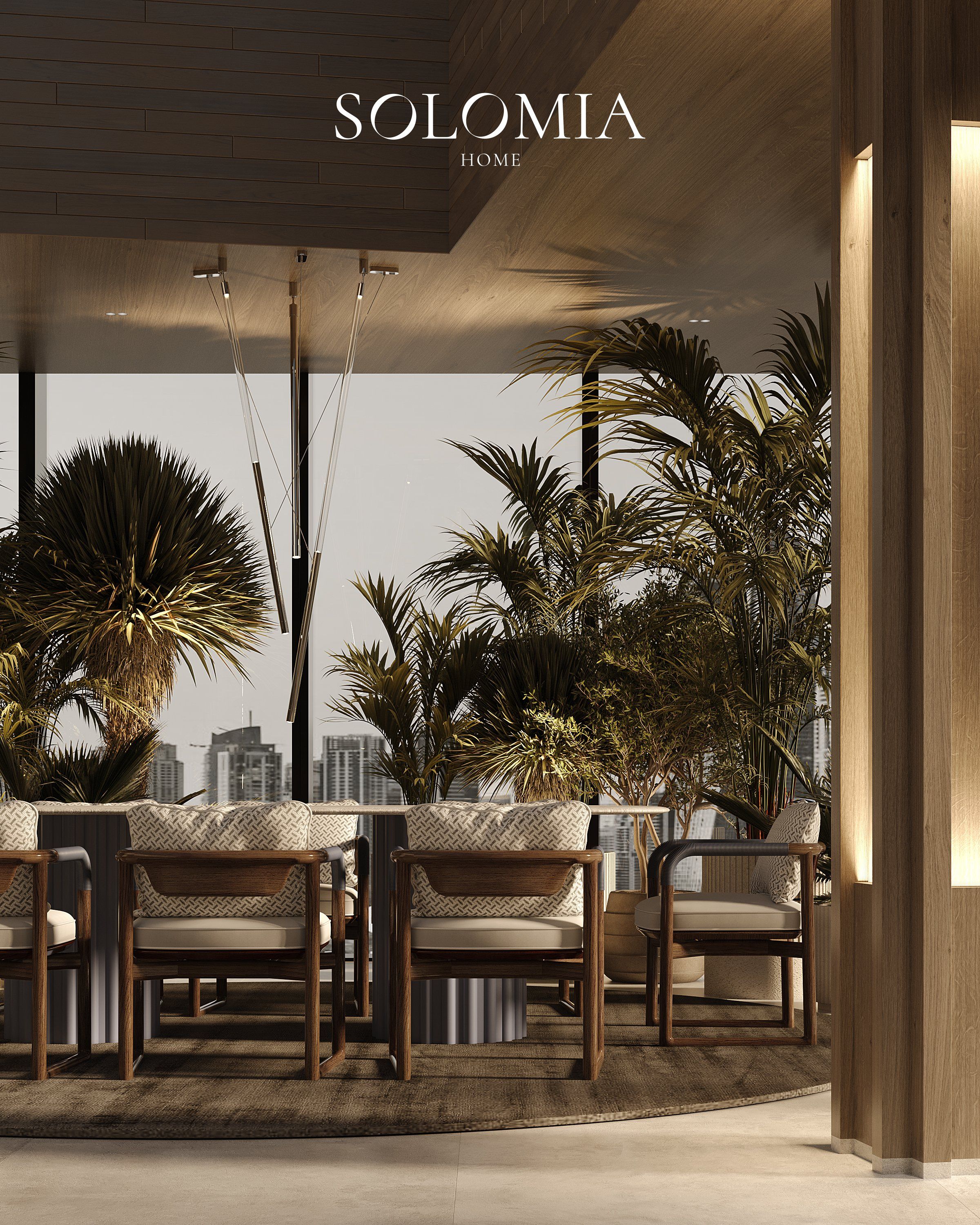 Outdoor dining table among palms, Central Park Tower New York — luxury interior design New York