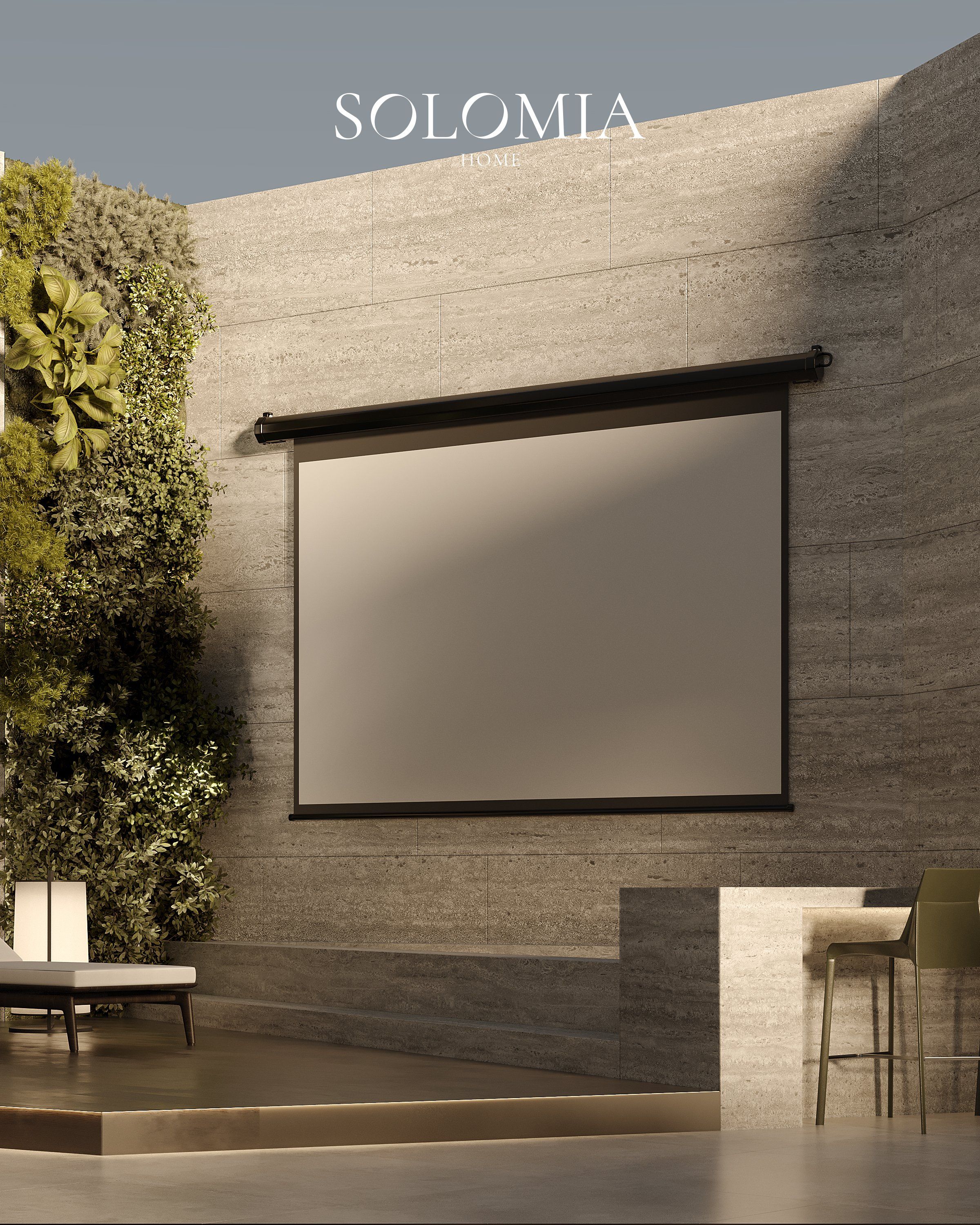 Outdoor cinema screen on travertine wall, Central Park Tower New York — luxury interior design New York