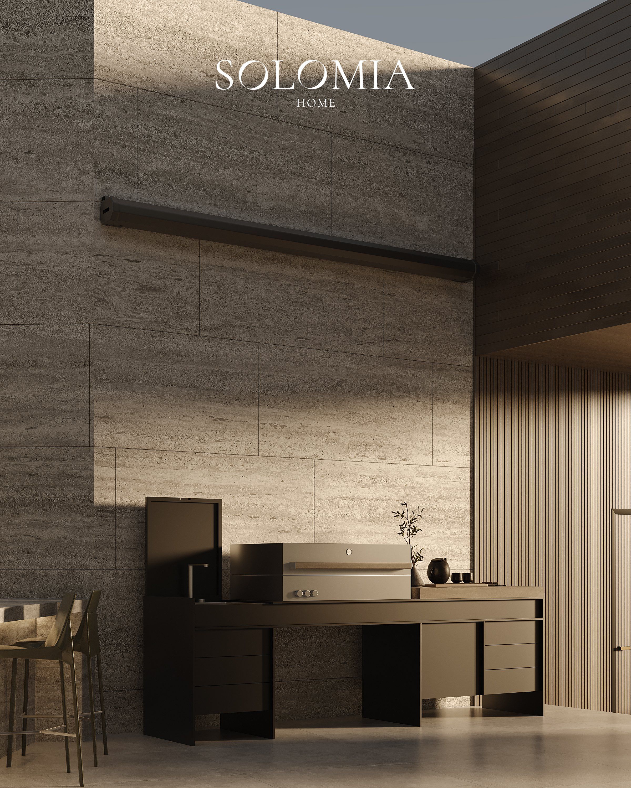 Outdoor kitchen with travertine walls, Central Park Tower New York — luxury interior design New York
