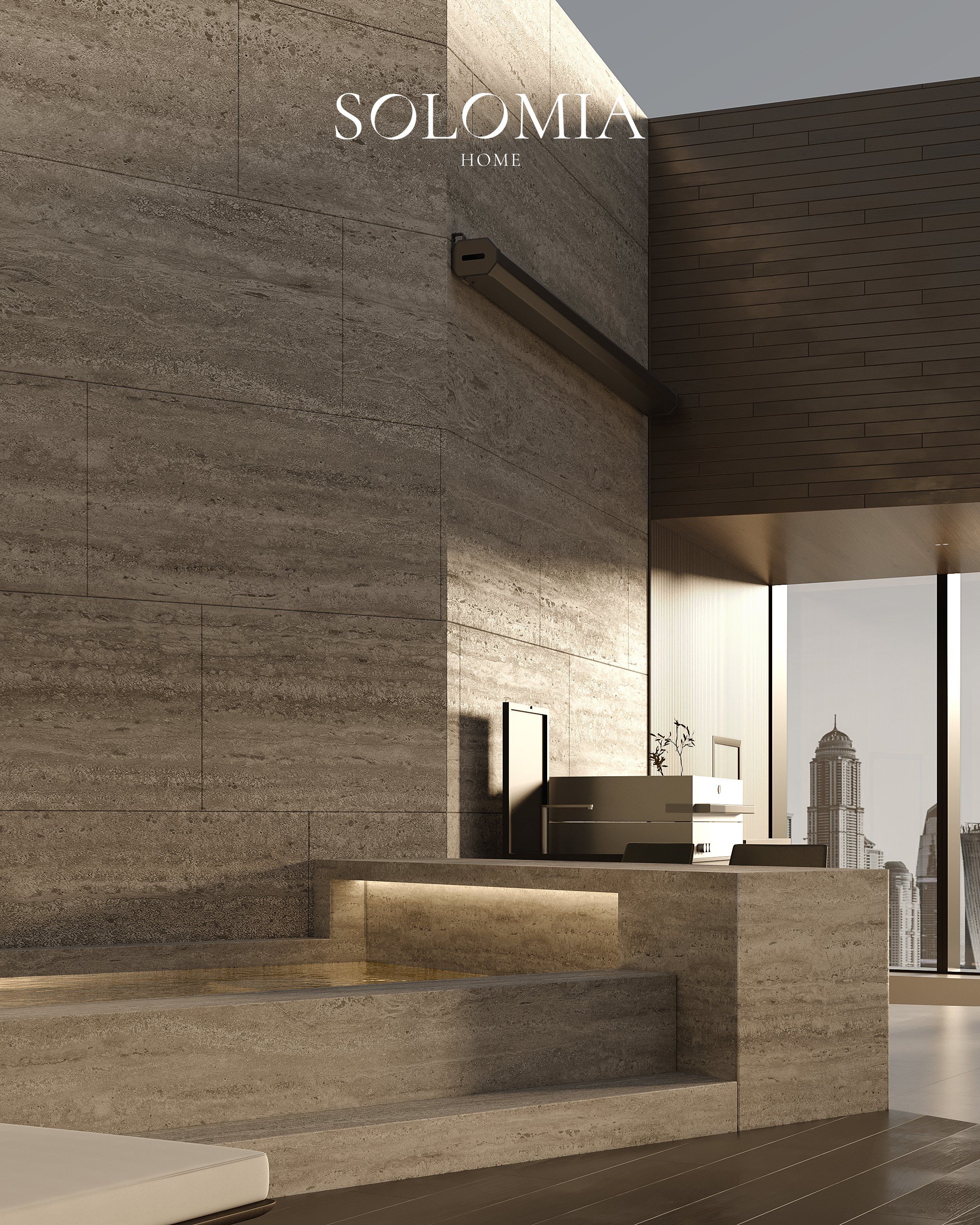 Travertine terrace with skyline view, Central Park Tower New York — villa exterior design New York