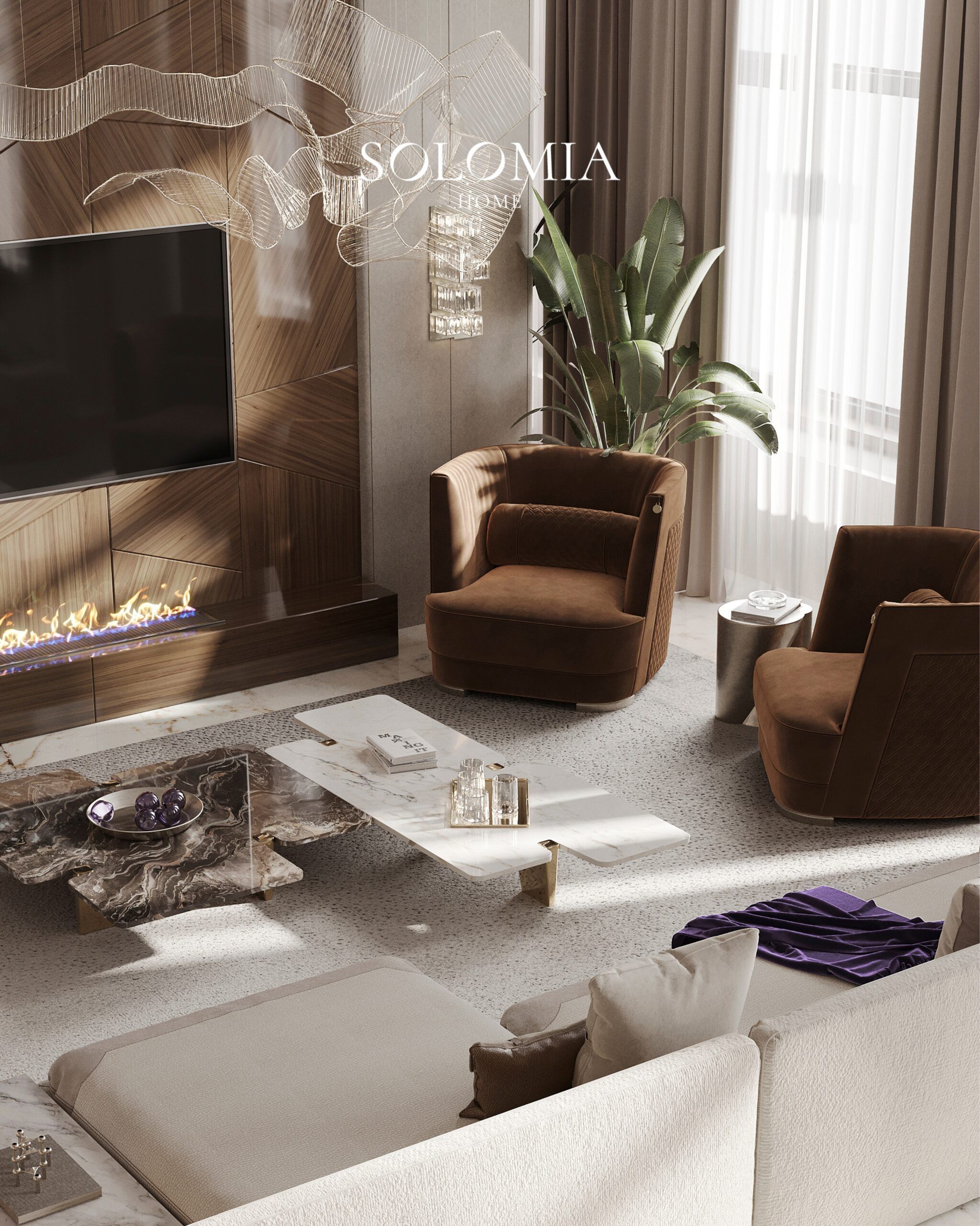 Living room with fireplace and brown armchairs, Leedon Residence Singapore — luxury interior design Singapore