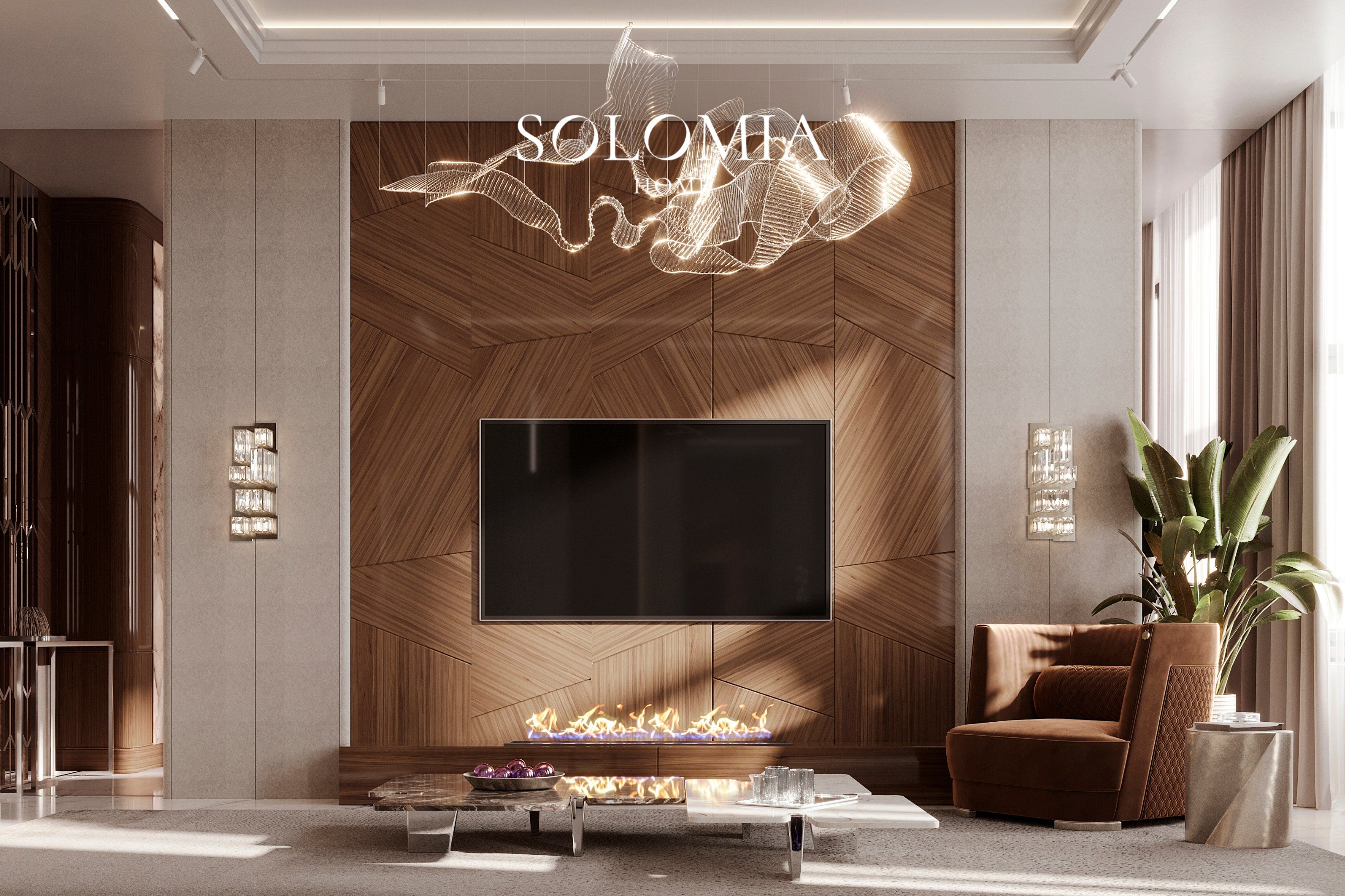 TV wall with marble and wood panels, Leedon Residence Singapore — luxury interior design Singapore
