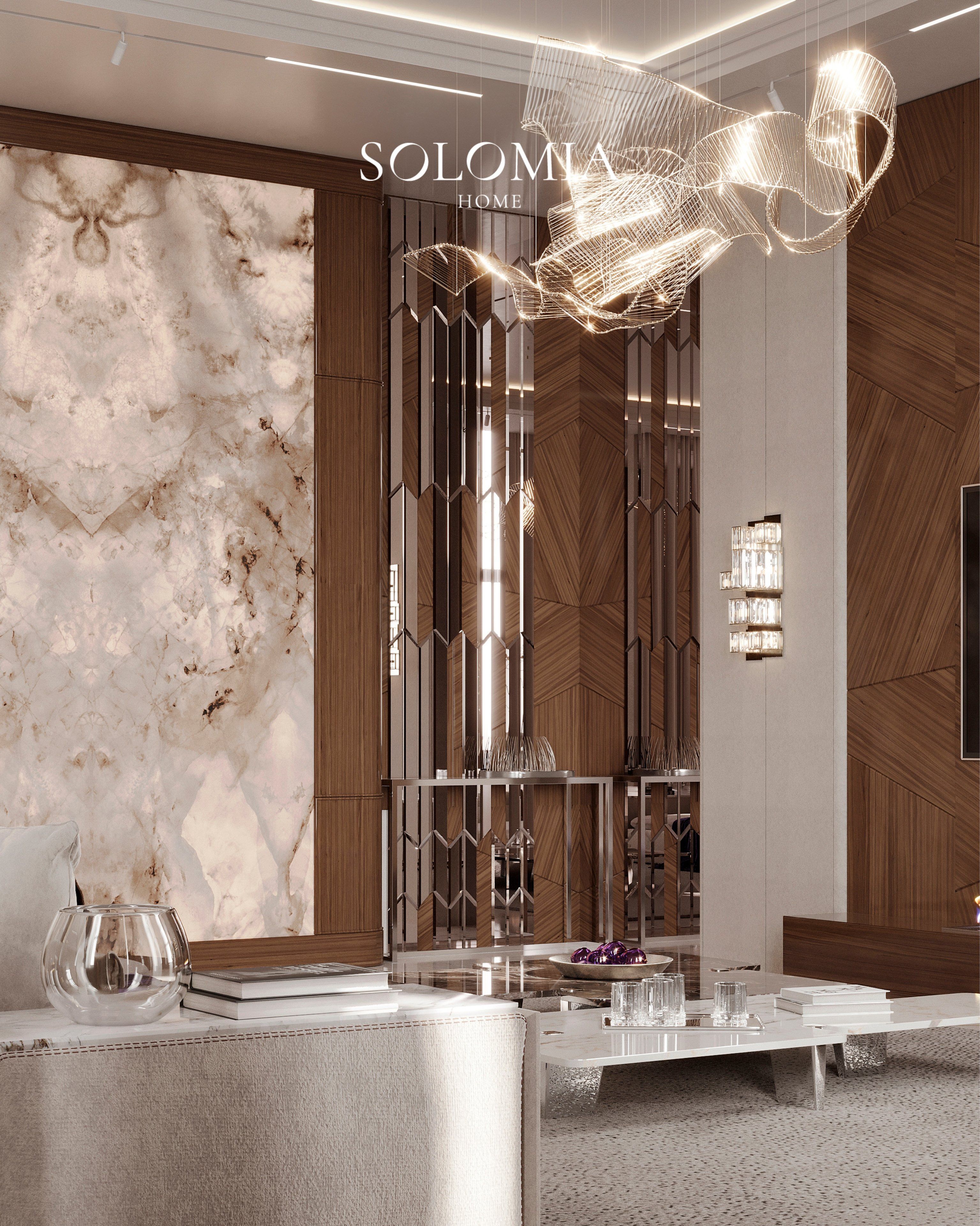 Lounge with onyx panel and glass chandelier, Leedon Residence Singapore — luxury interior design Singapore